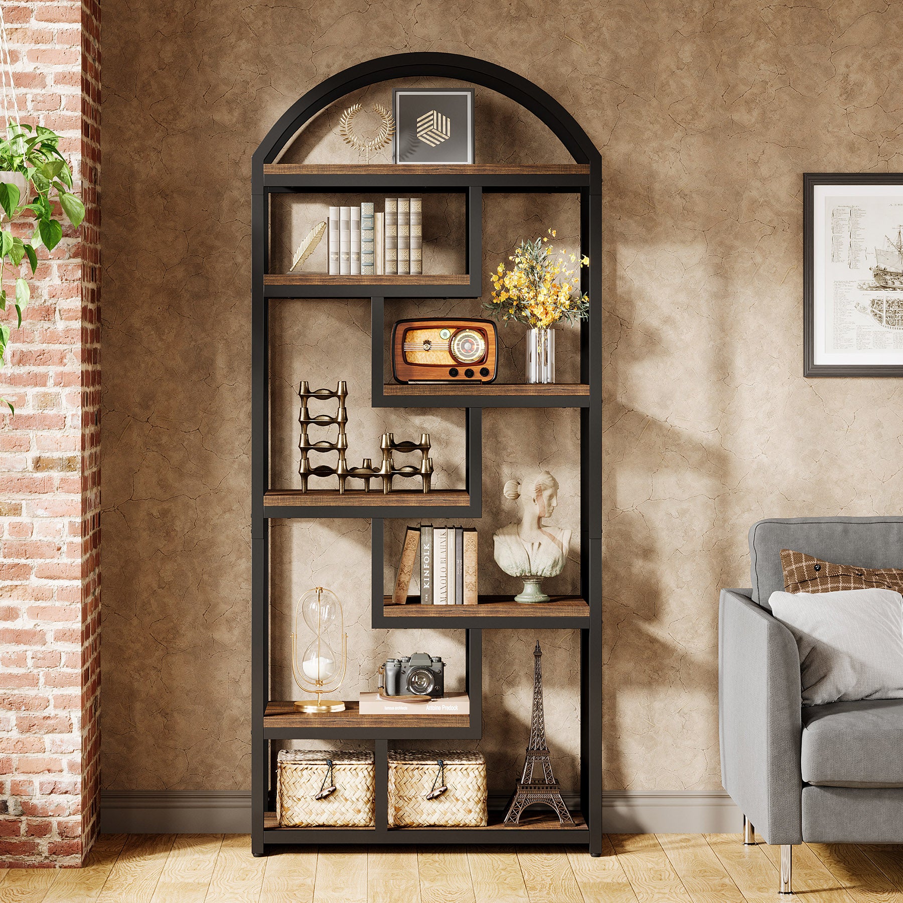 71" Industrial Bookshelf, Arched Bookcase with Open Display Shelves - Image 7