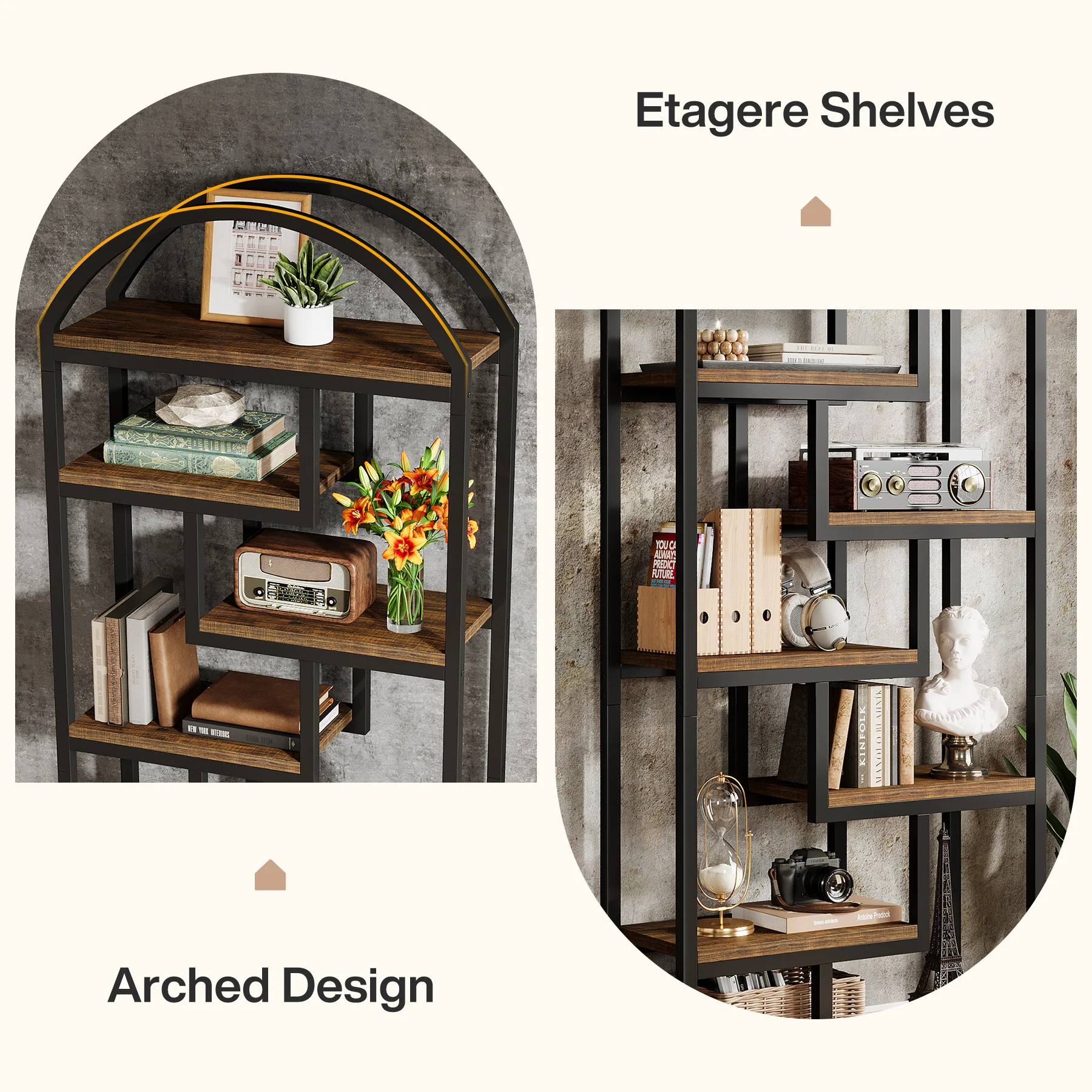 71" Industrial Bookshelf, Arched Bookcase with Open Display Shelves - Image 8