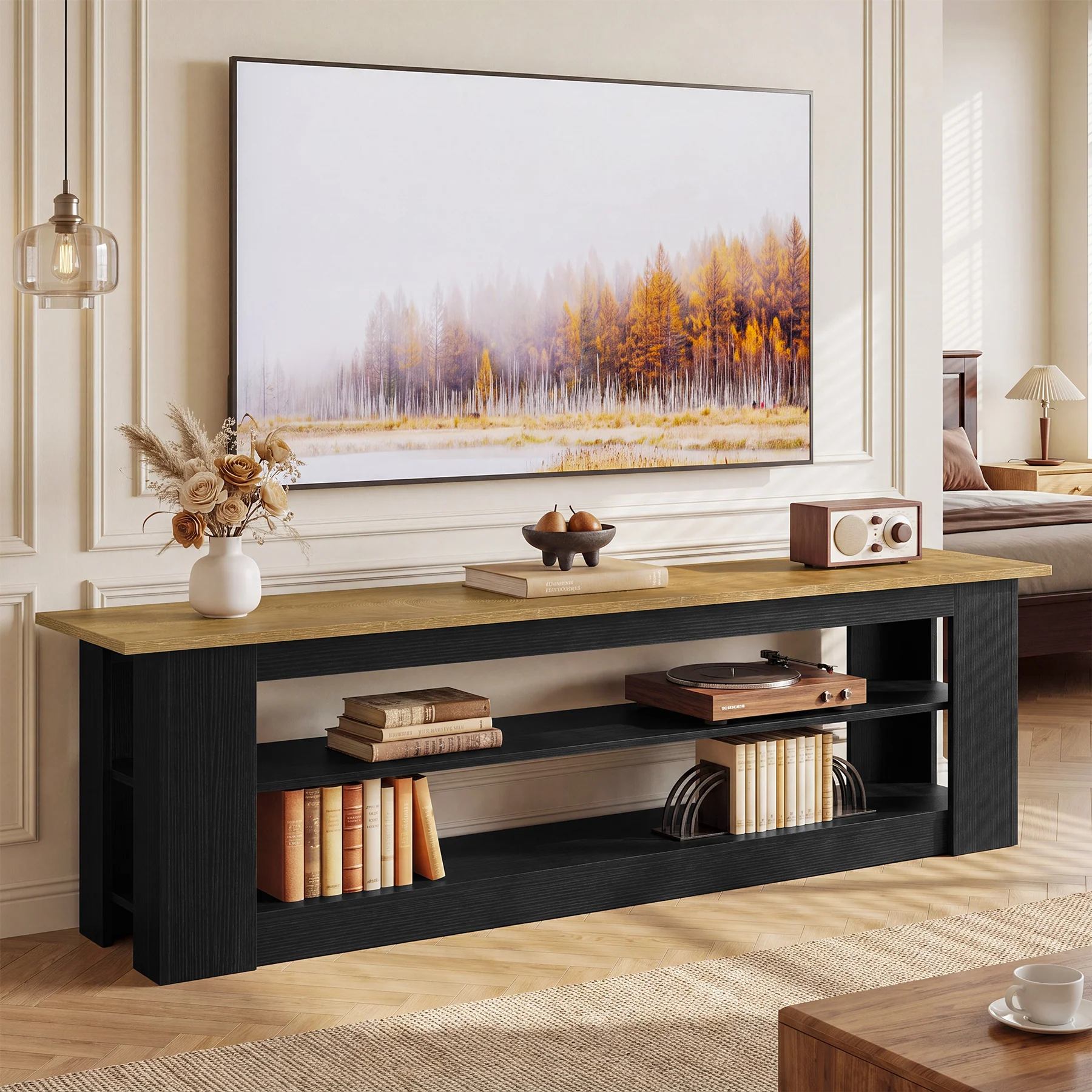 70.87" TV Stand for TVs up to 80", Farmhouse Entertainment Center with Storage Shelves