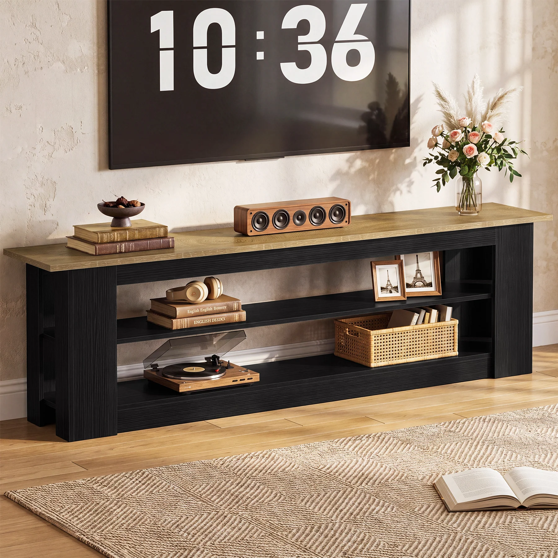 70.87" TV Stand for TVs up to 80", Farmhouse Entertainment Center with Storage Shelves - Image 3