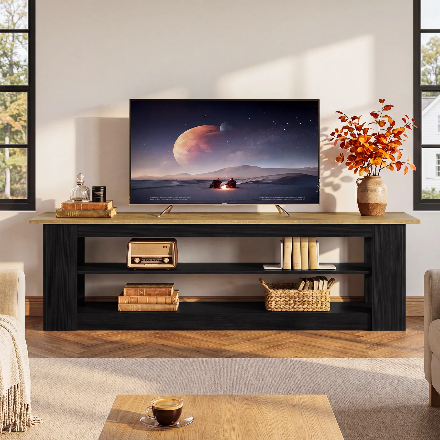 70.87" TV Stand for TVs up to 80", Farmhouse Entertainment Center with Storage Shelves - Image 4