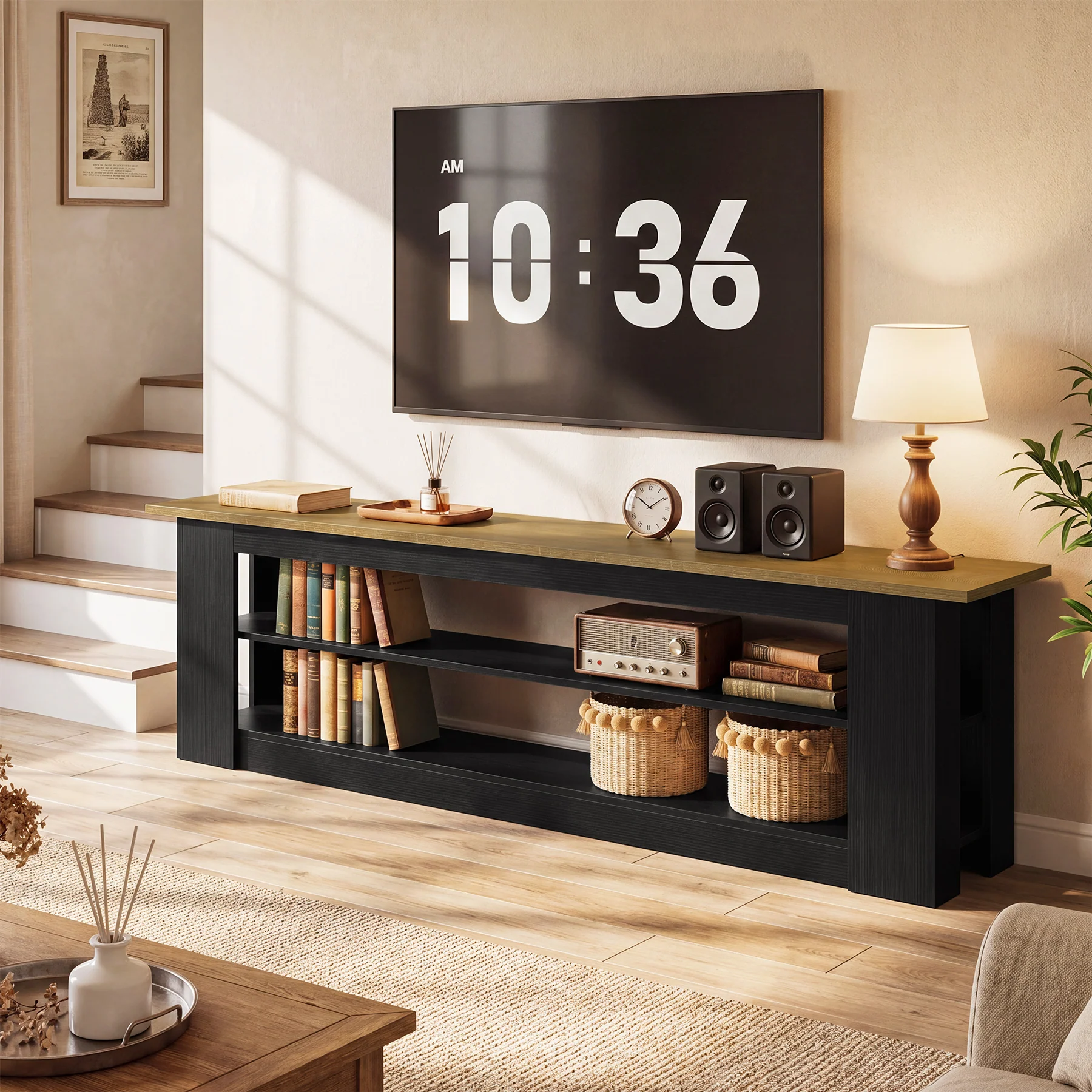 70.87" TV Stand for TVs up to 80", Farmhouse Entertainment Center with Storage Shelves - Image 5