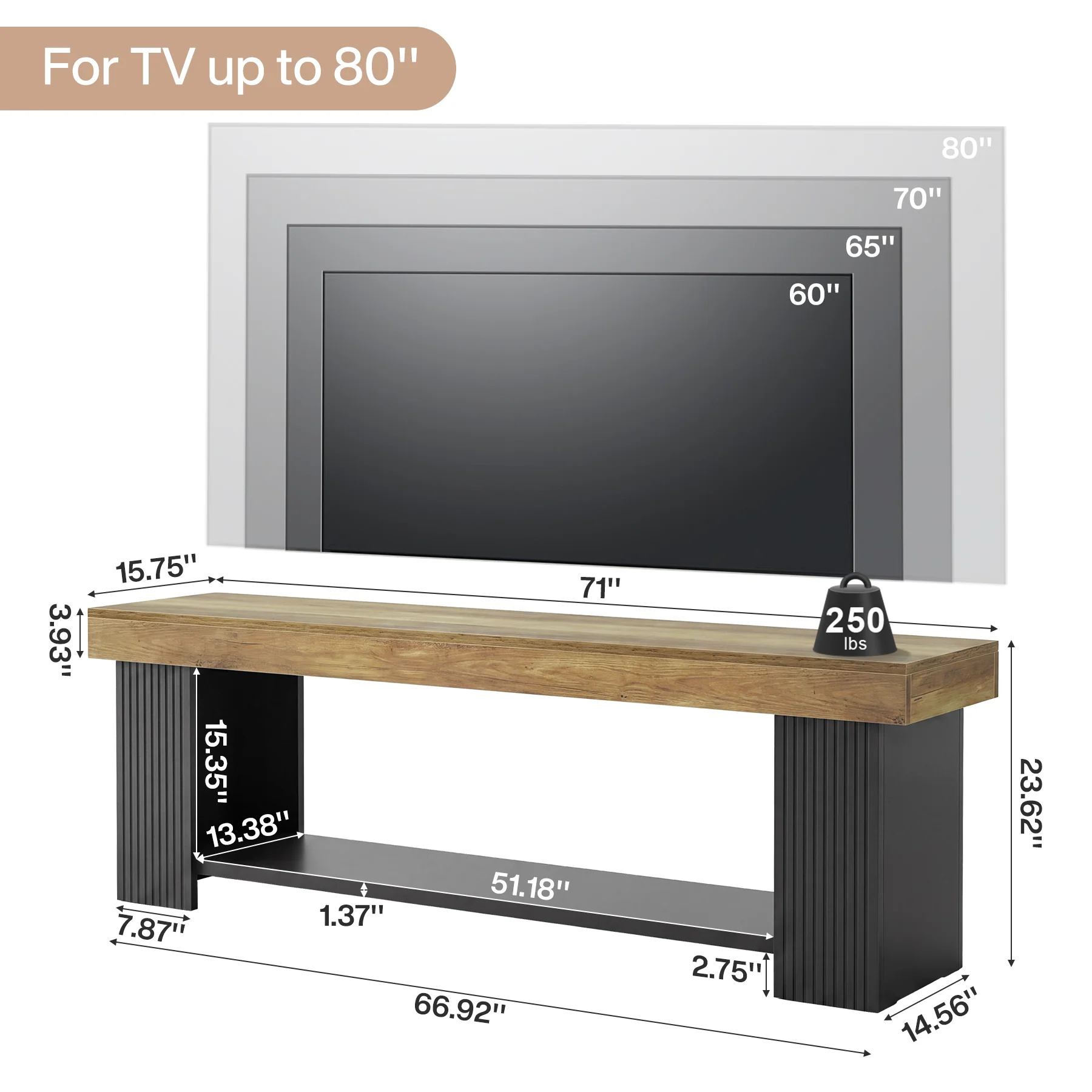 71" TV Stand for 70/75/80" TVs, Farmhouse Entertainment Center with Open Shelf - Image 2
