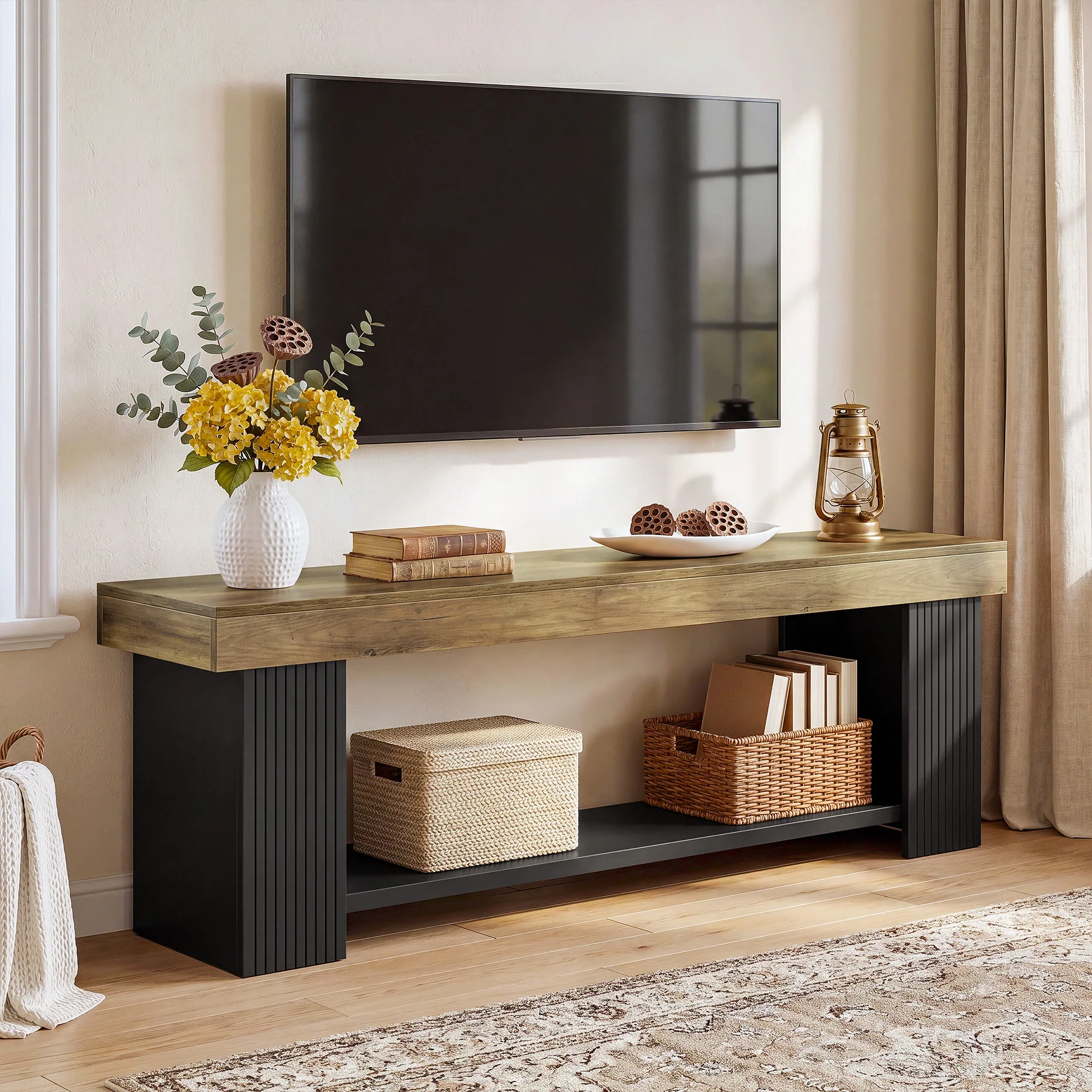 71" TV Stand for 70/75/80" TVs, Farmhouse Entertainment Center with Open Shelf - Image 3