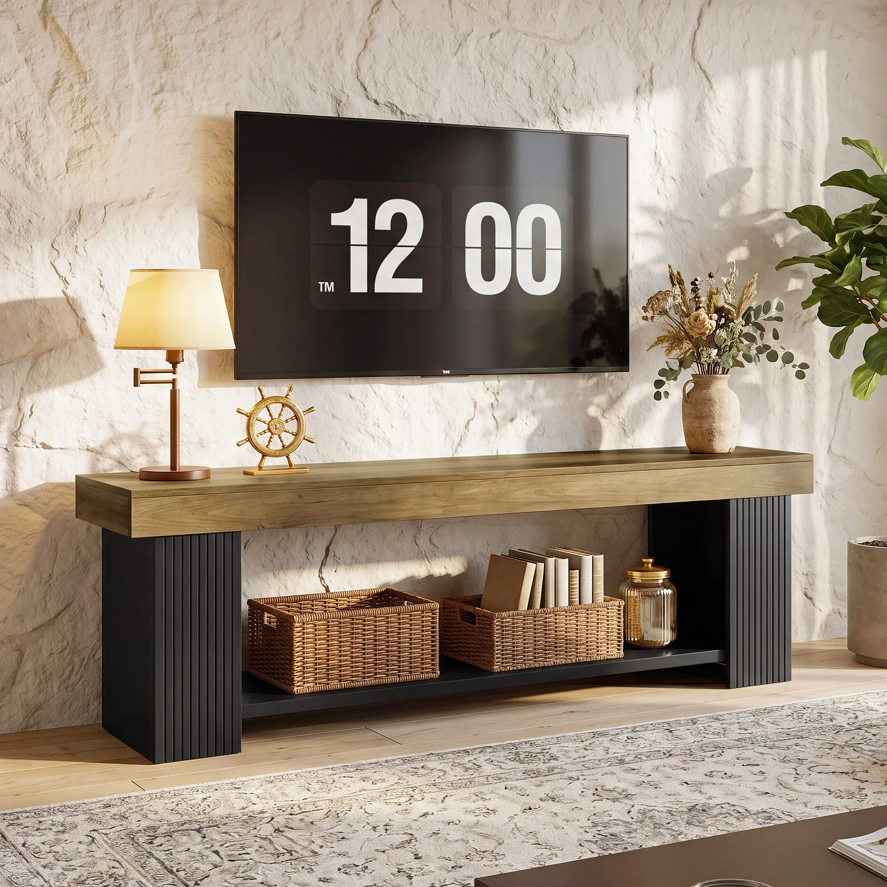 71" TV Stand for 70/75/80" TVs, Farmhouse Entertainment Center with Open Shelf - Image 4