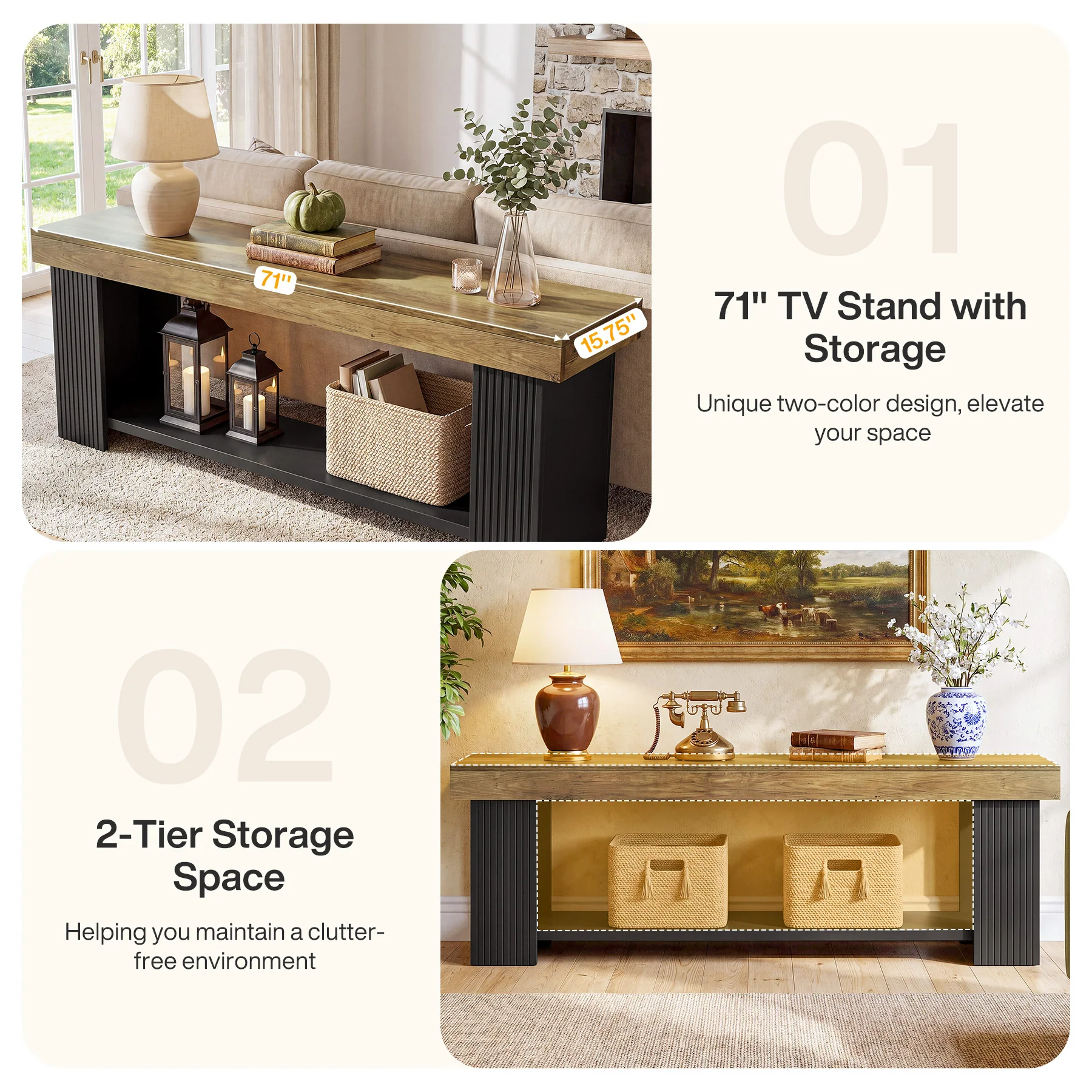 71" TV Stand for 70/75/80" TVs, Farmhouse Entertainment Center with Open Shelf - Image 7