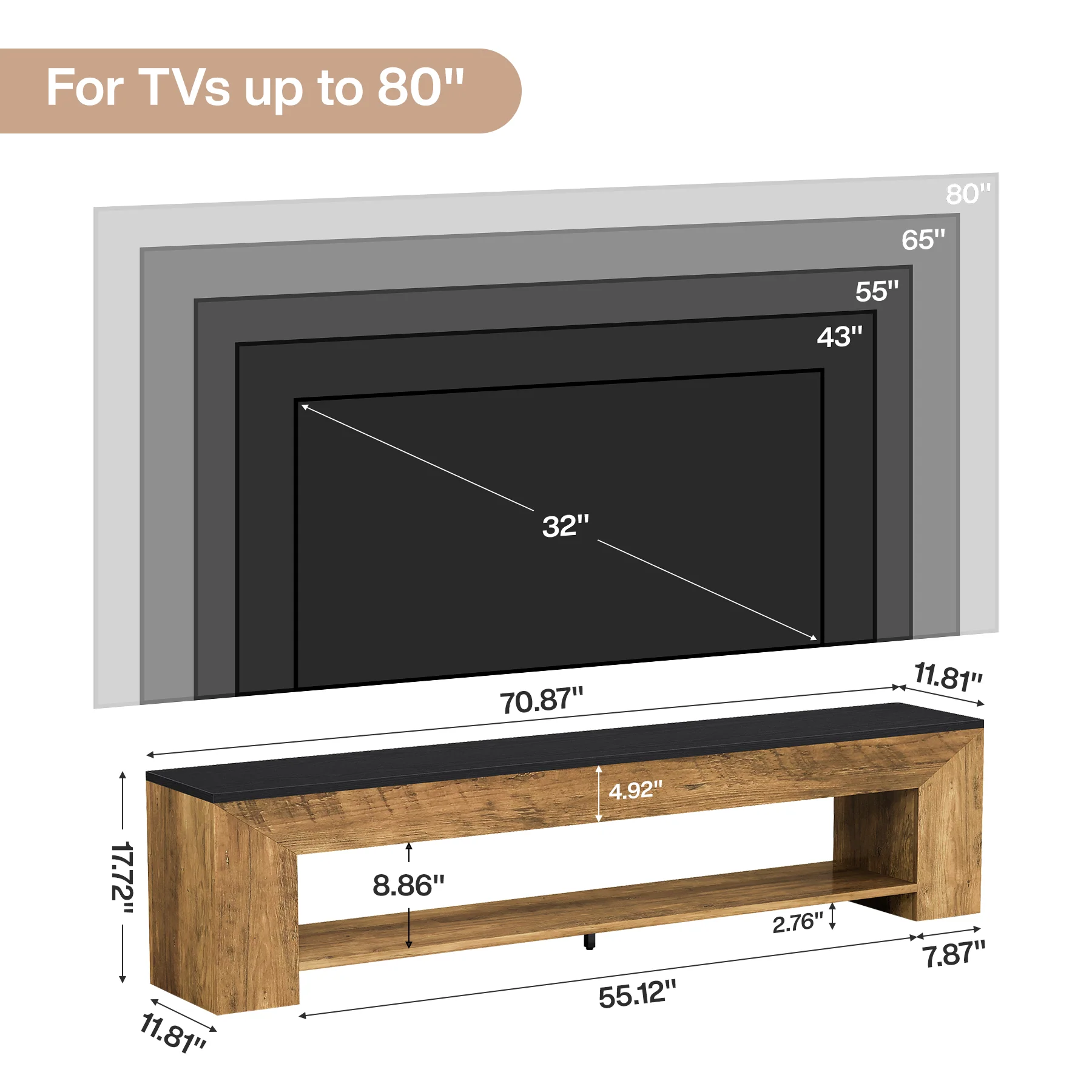 71" TV Stand, Large Entertainment Center with Shelf for TVs up to 80" - Image 2