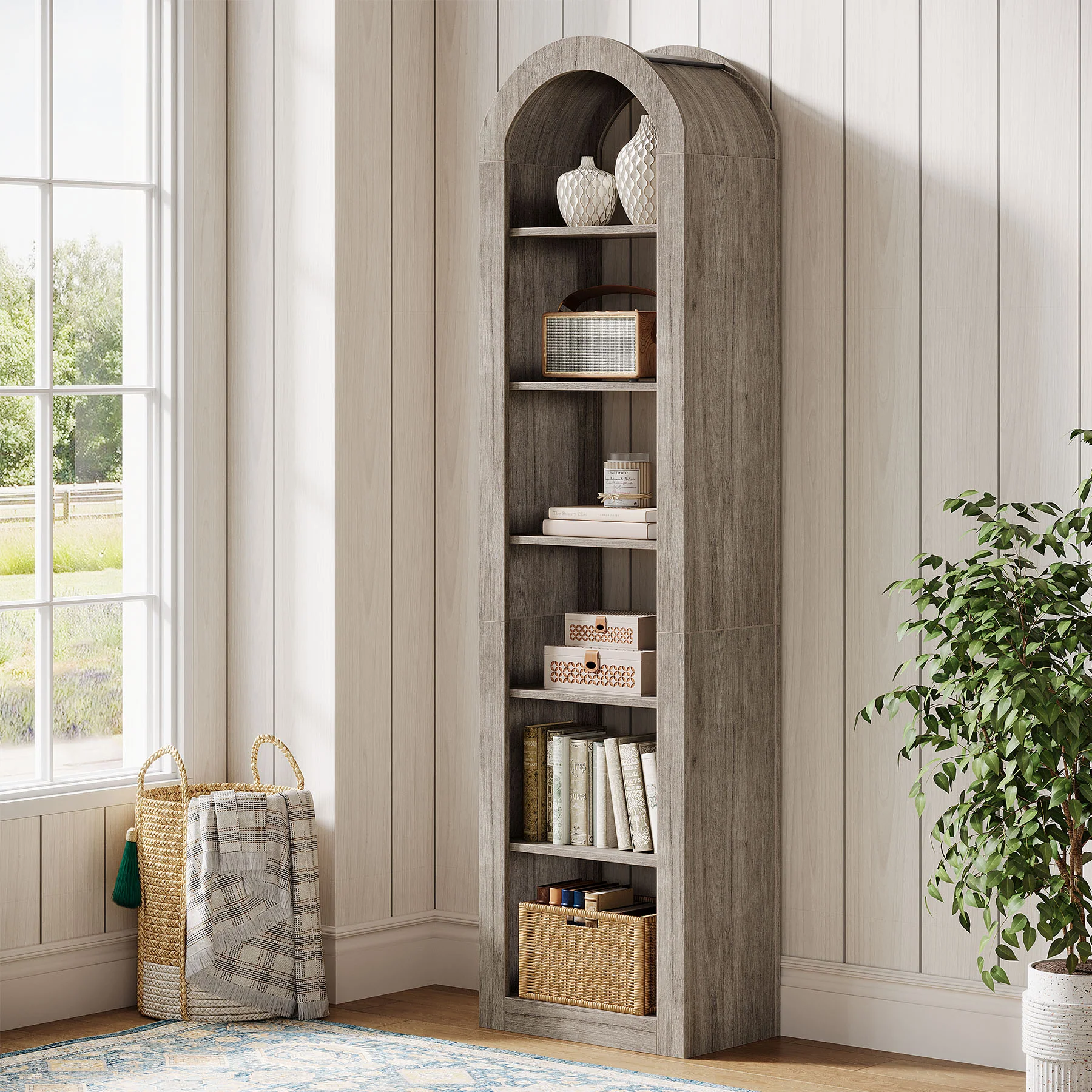 74.8" Arched Bookshelf, 6-Tier Narrow Open Bookcase Display Shelf - Image 11