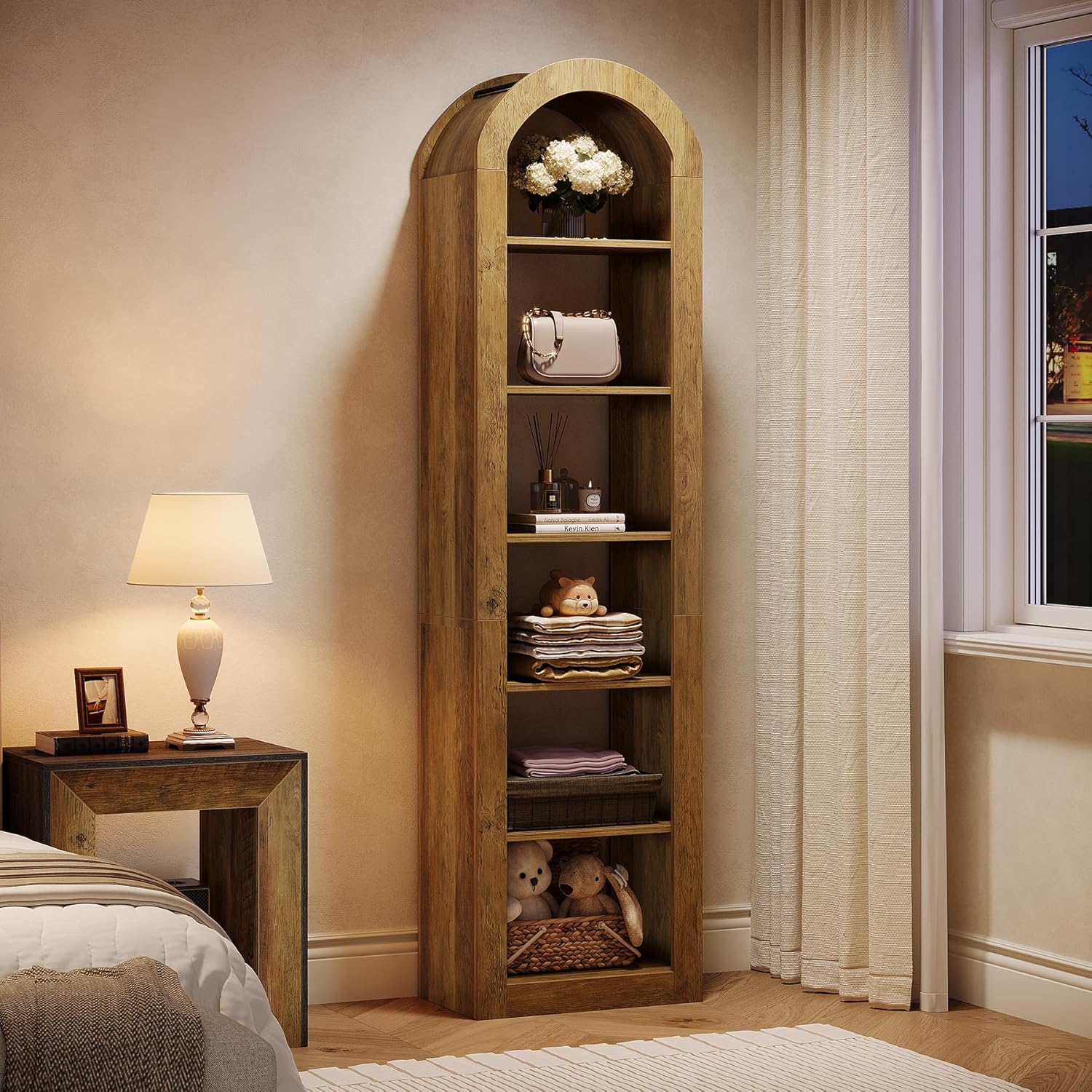 74.8" Arched Bookshelf, 6-Tier Narrow Open Bookcase Display Shelf - Image 4