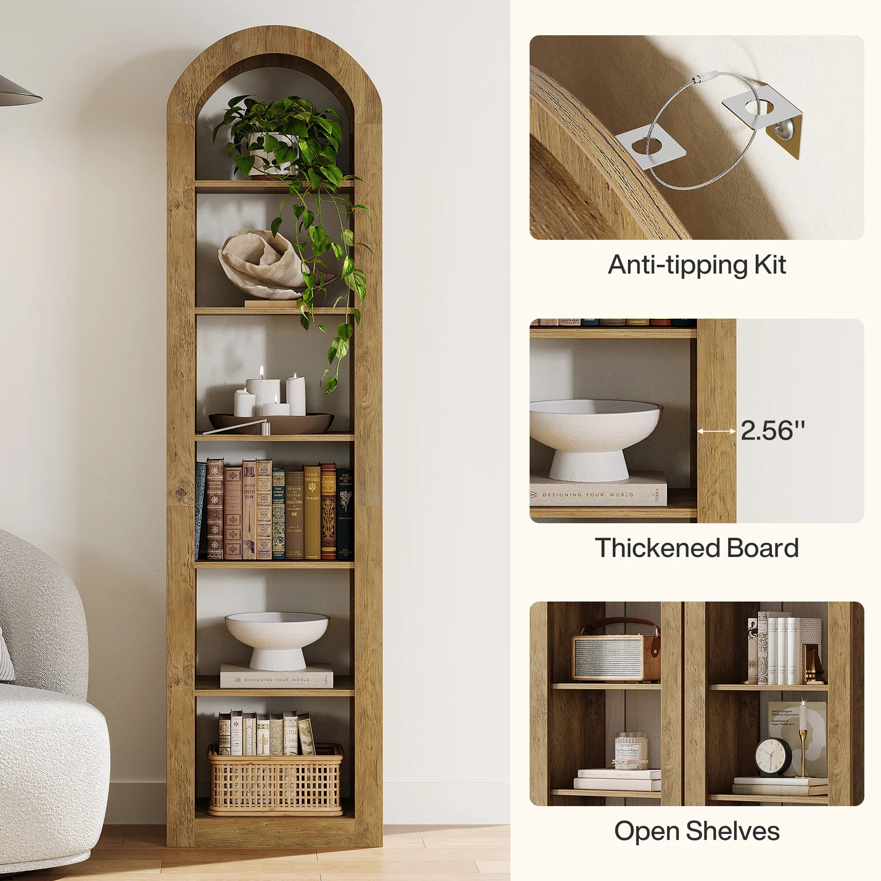 74.8" Arched Bookshelf, 6-Tier Narrow Open Bookcase Display Shelf - Image 8