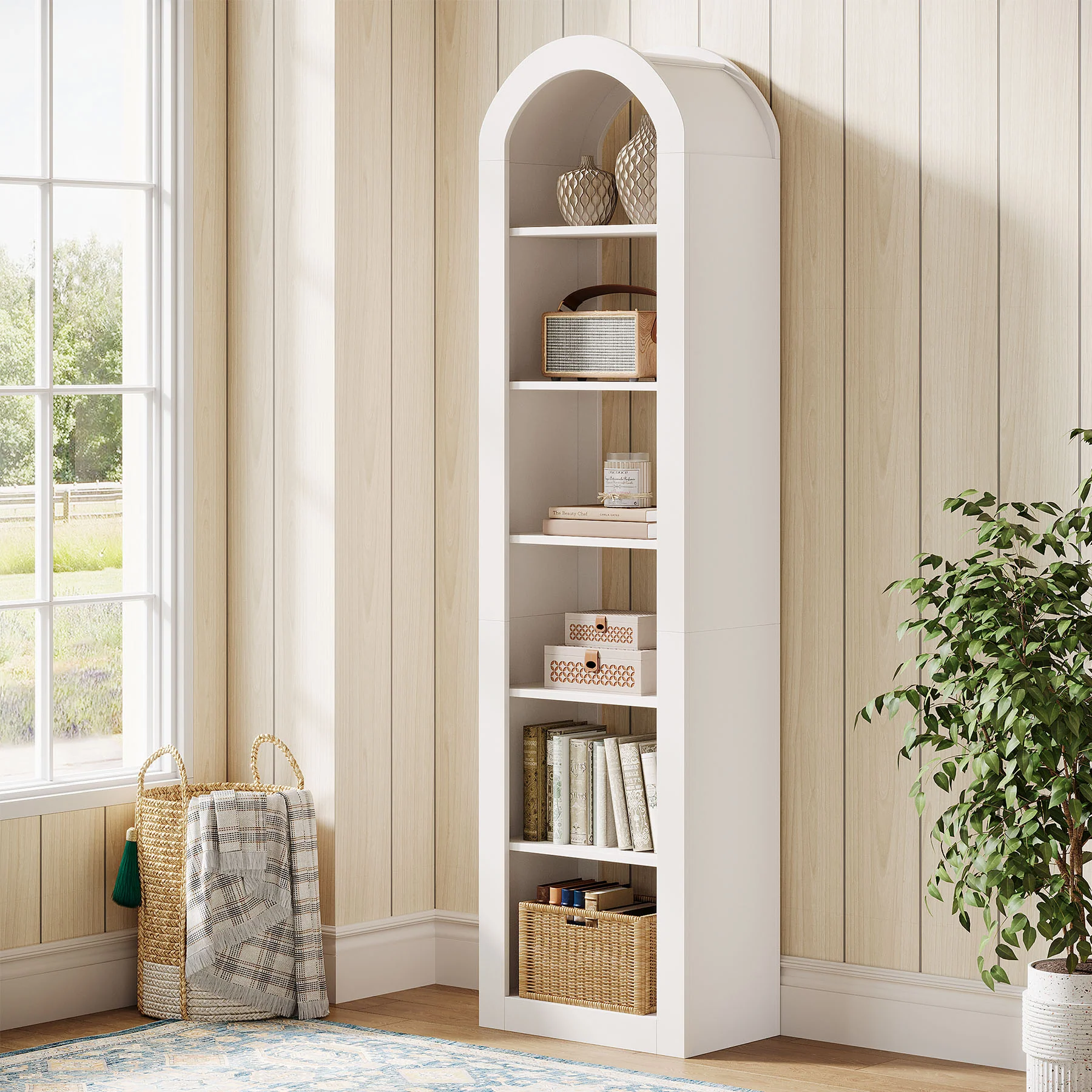 74.8" Arched Bookshelf, 6-Tier Narrow Open Bookcase Display Shelf - Image 9