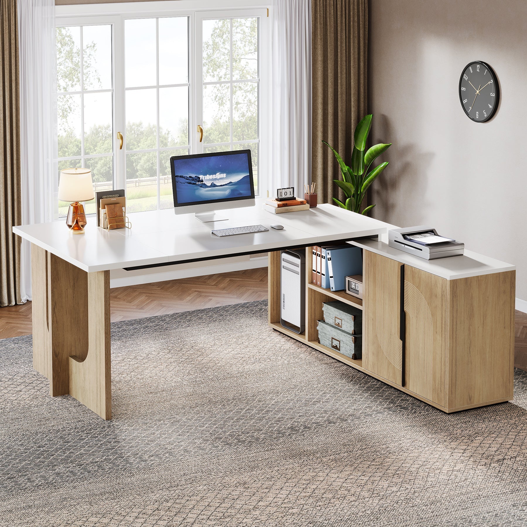 74" Executive Desk, L-Shaped Computer Desk Office Desk With Cabinet