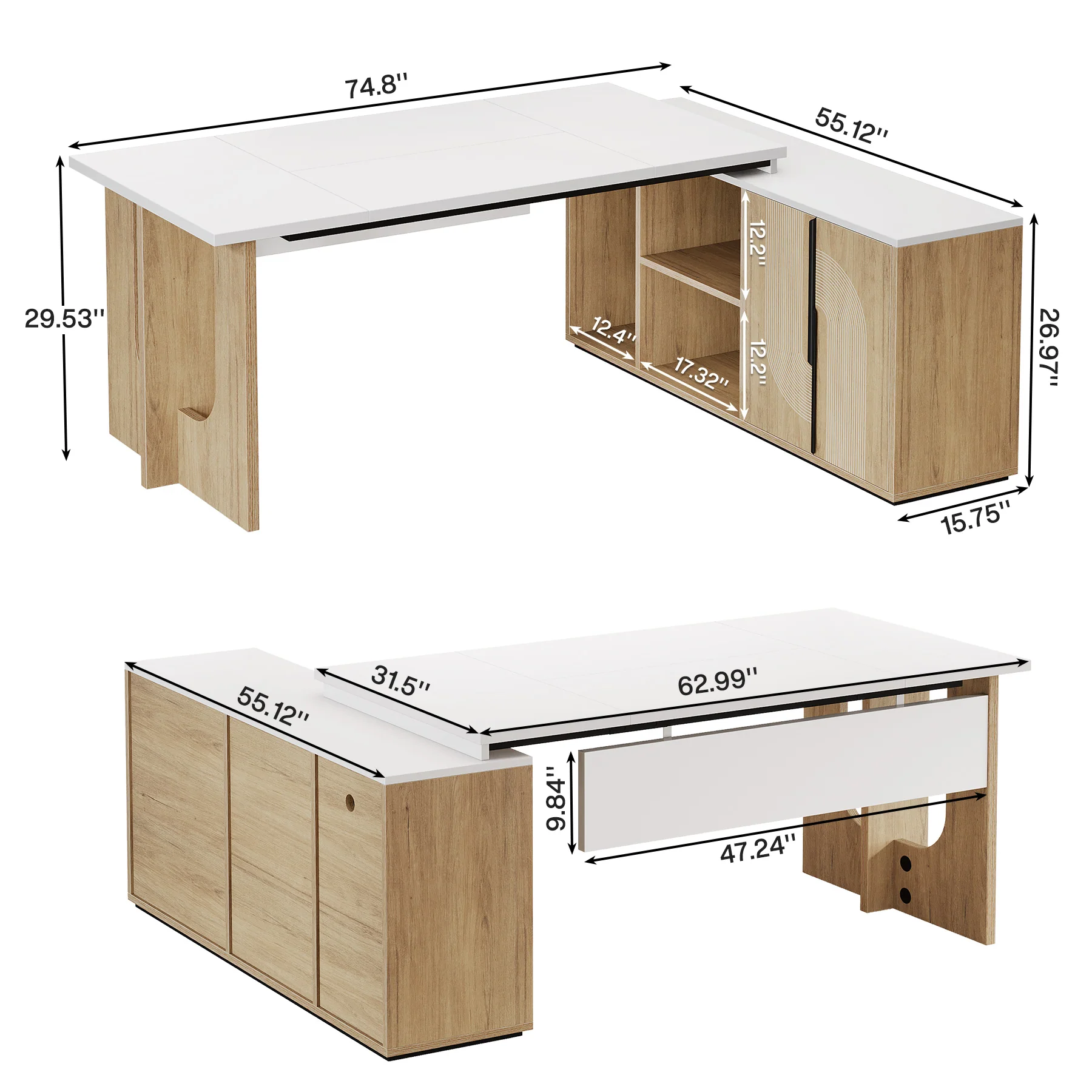 74" Executive Desk, L-Shaped Computer Desk Office Desk With Cabinet - Image 2