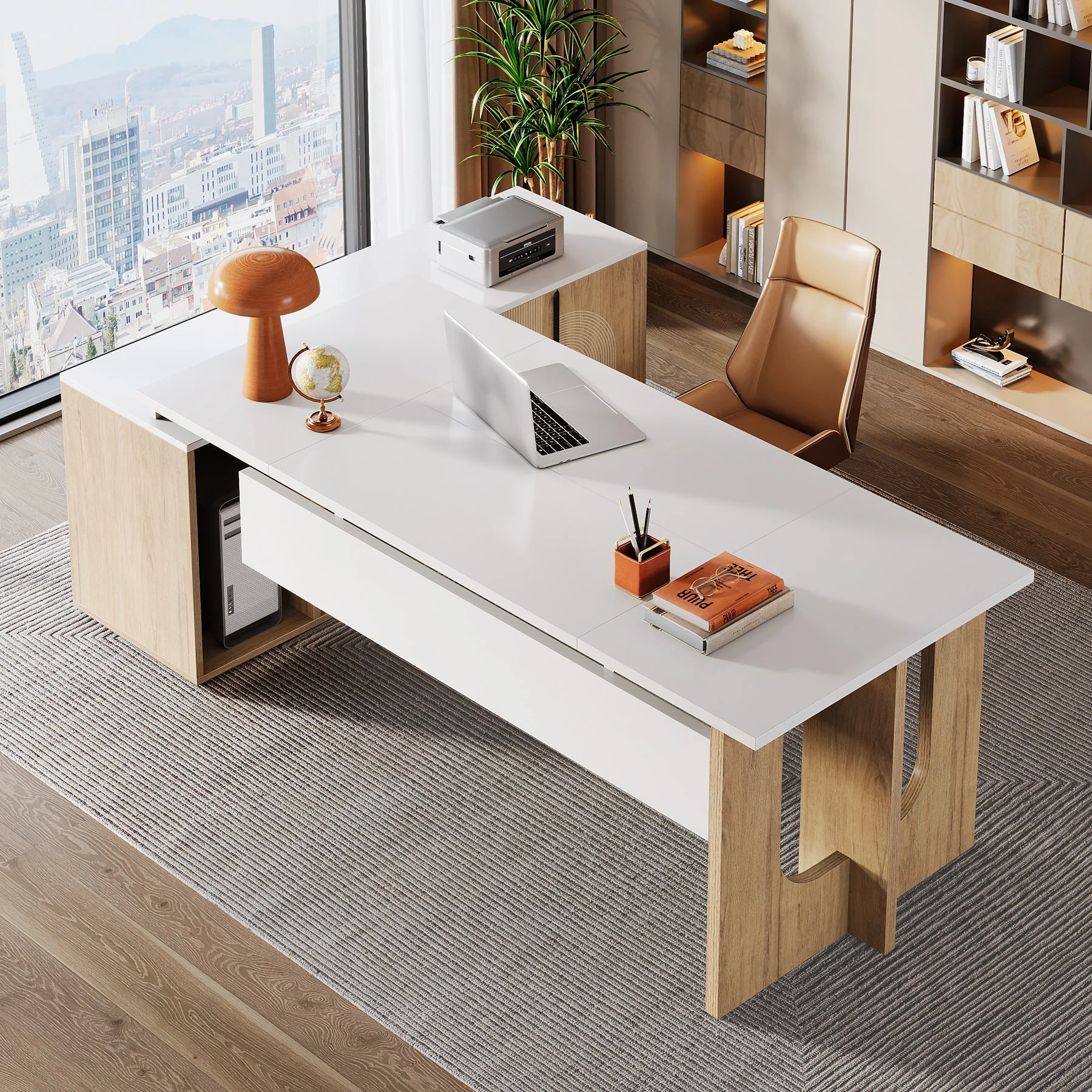 74" Executive Desk, L-Shaped Computer Desk Office Desk With Cabinet - Image 5