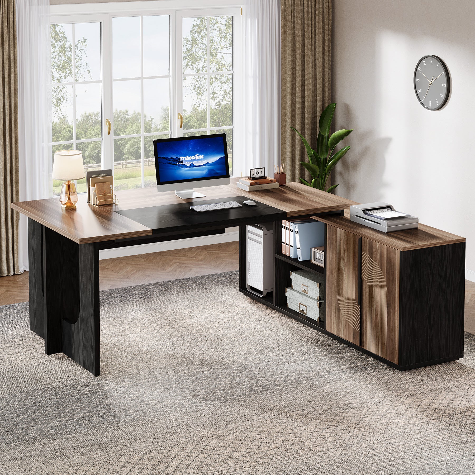 74" Executive Desk, L-Shaped Computer Desk Office Desk With Cabinet - Image 8