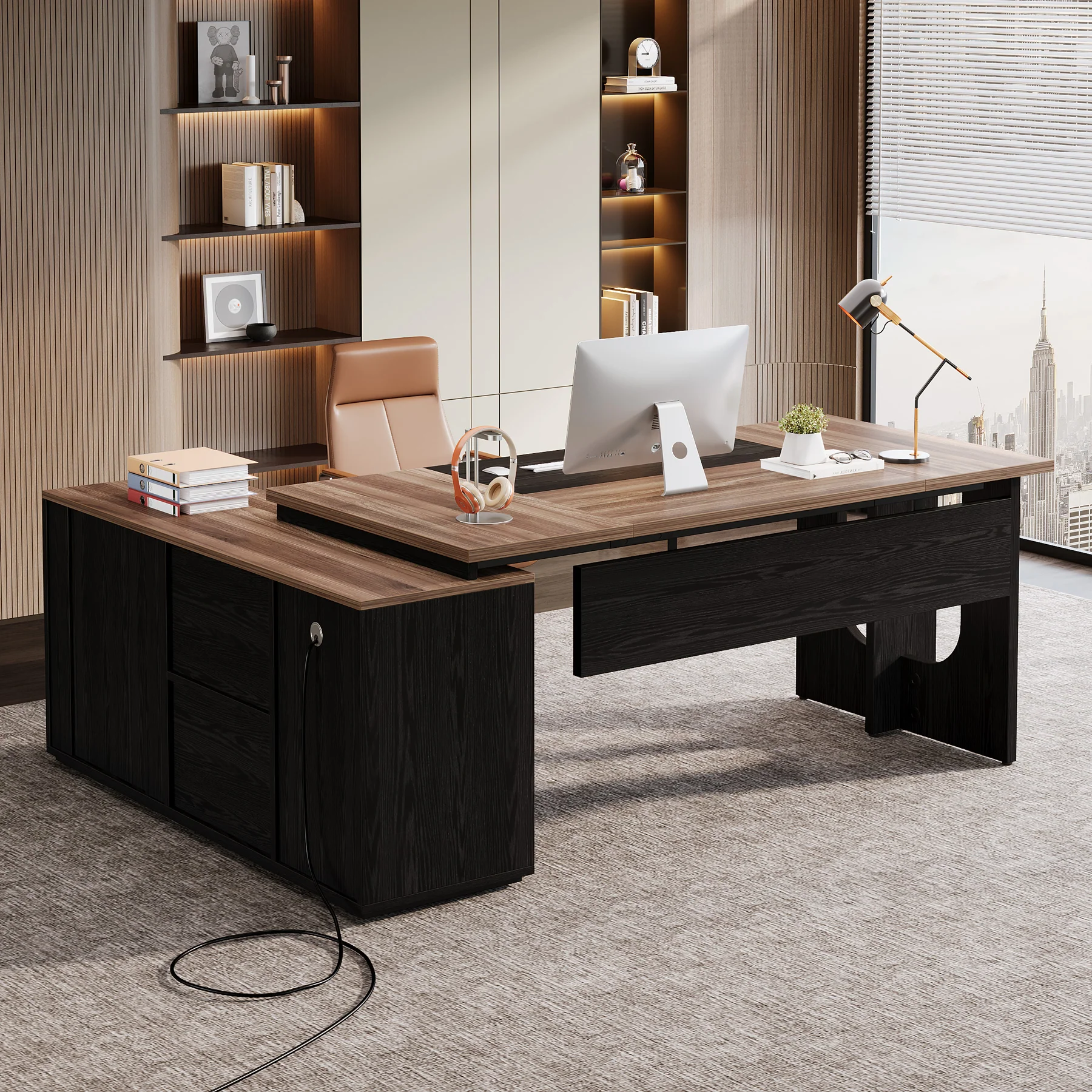74" Executive Desk, L-Shaped Computer Desk Office Desk With Cabinet - Image 9