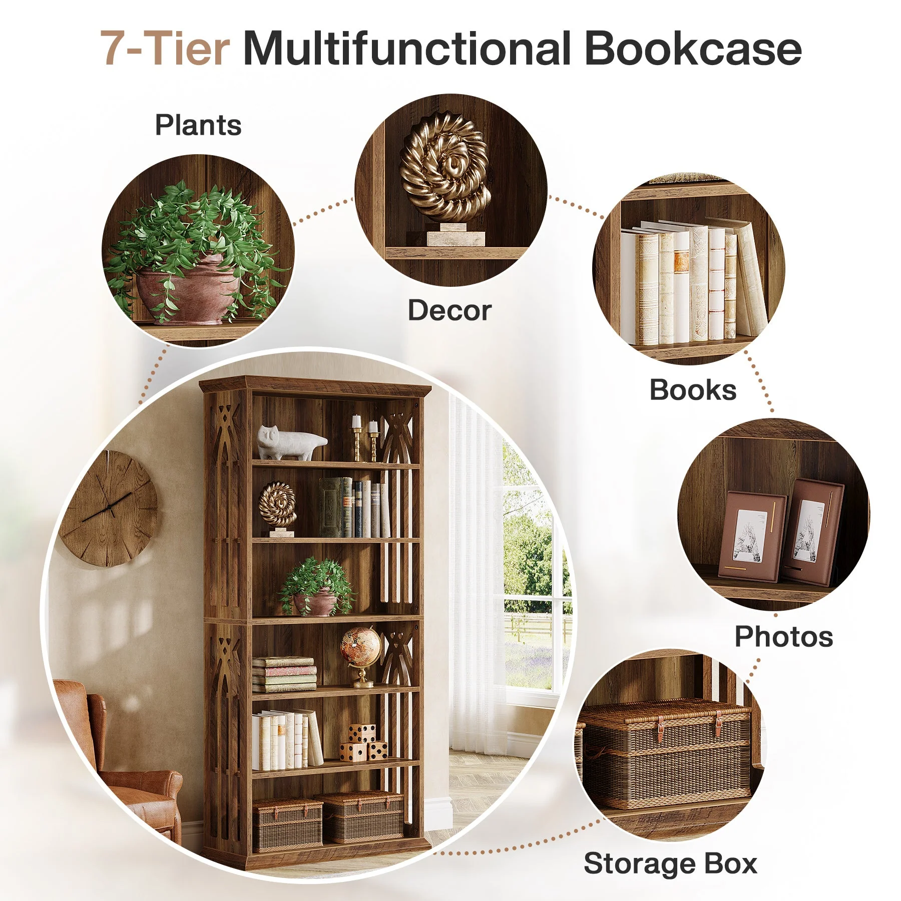 6-Tier Bookshelf, 75" Bookcase Display Shelves Storage Etagere - Image 6
