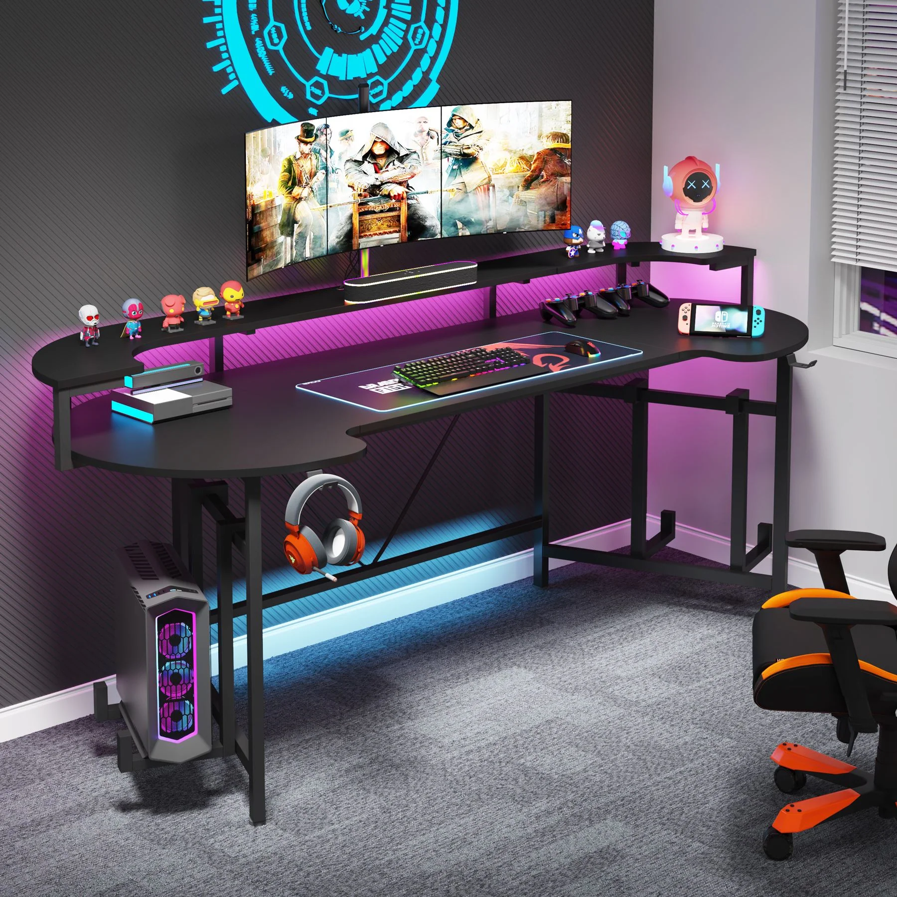 75" Gaming Desk, Black Computer Desk with LED Strip & Monitor Shelf