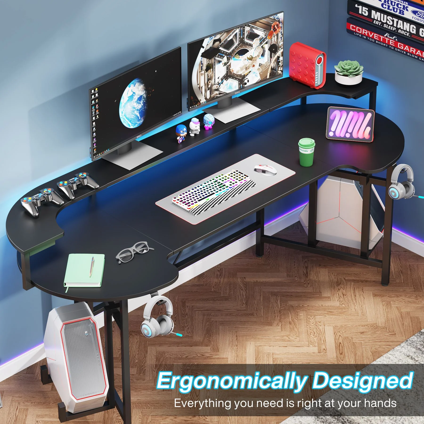 75" Gaming Desk, Black Computer Desk with LED Strip & Monitor Shelf - Image 4