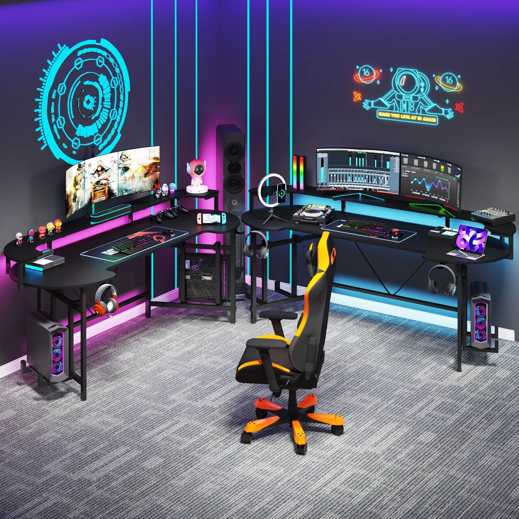75" Gaming Desk, Black Computer Desk with LED Strip & Monitor Shelf - Image 5