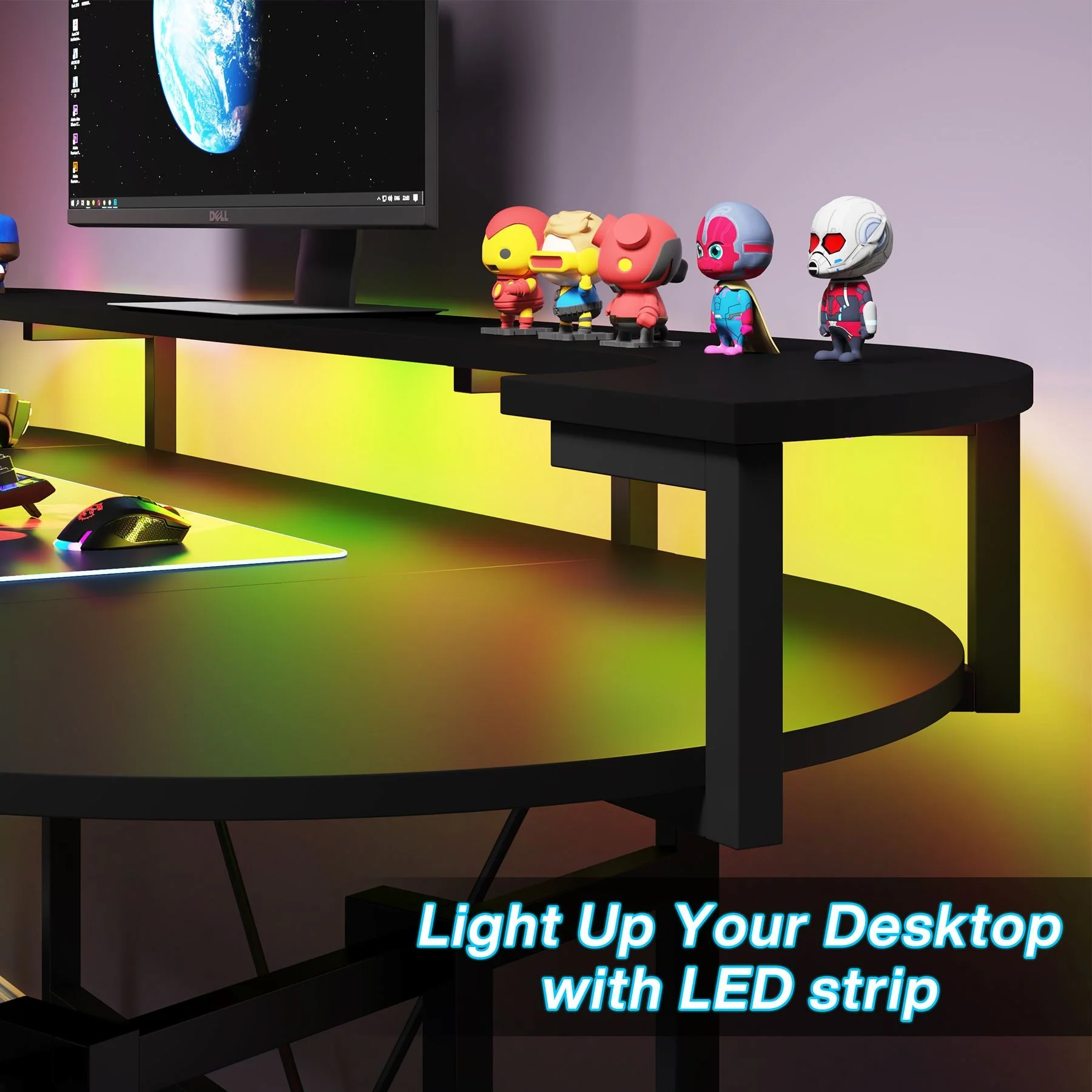 75" Gaming Desk, Black Computer Desk with LED Strip & Monitor Shelf - Image 7