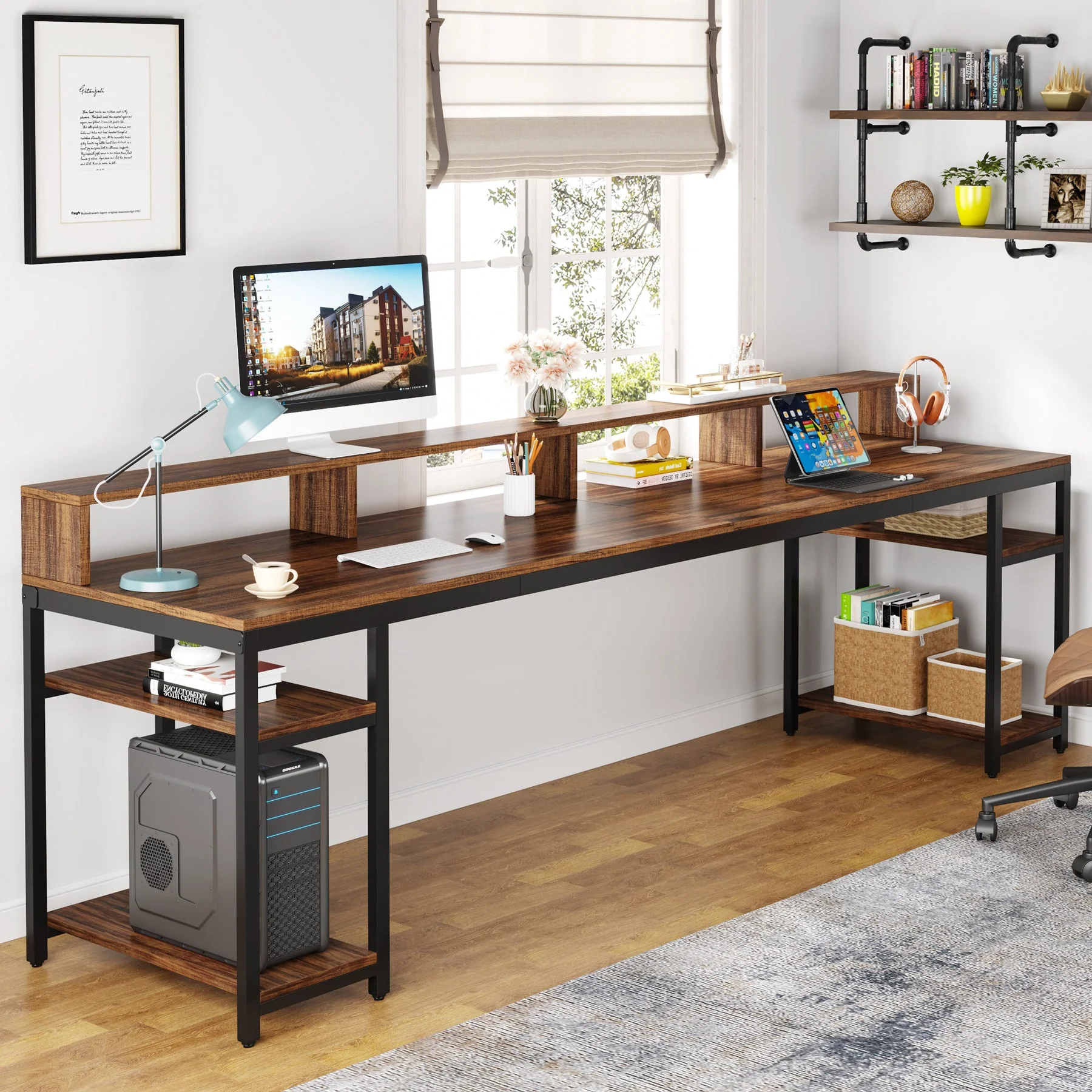 Two Person Desk, 78.7" Computer Desk With Monitor Stand and 4 Open Shelf - Image 3