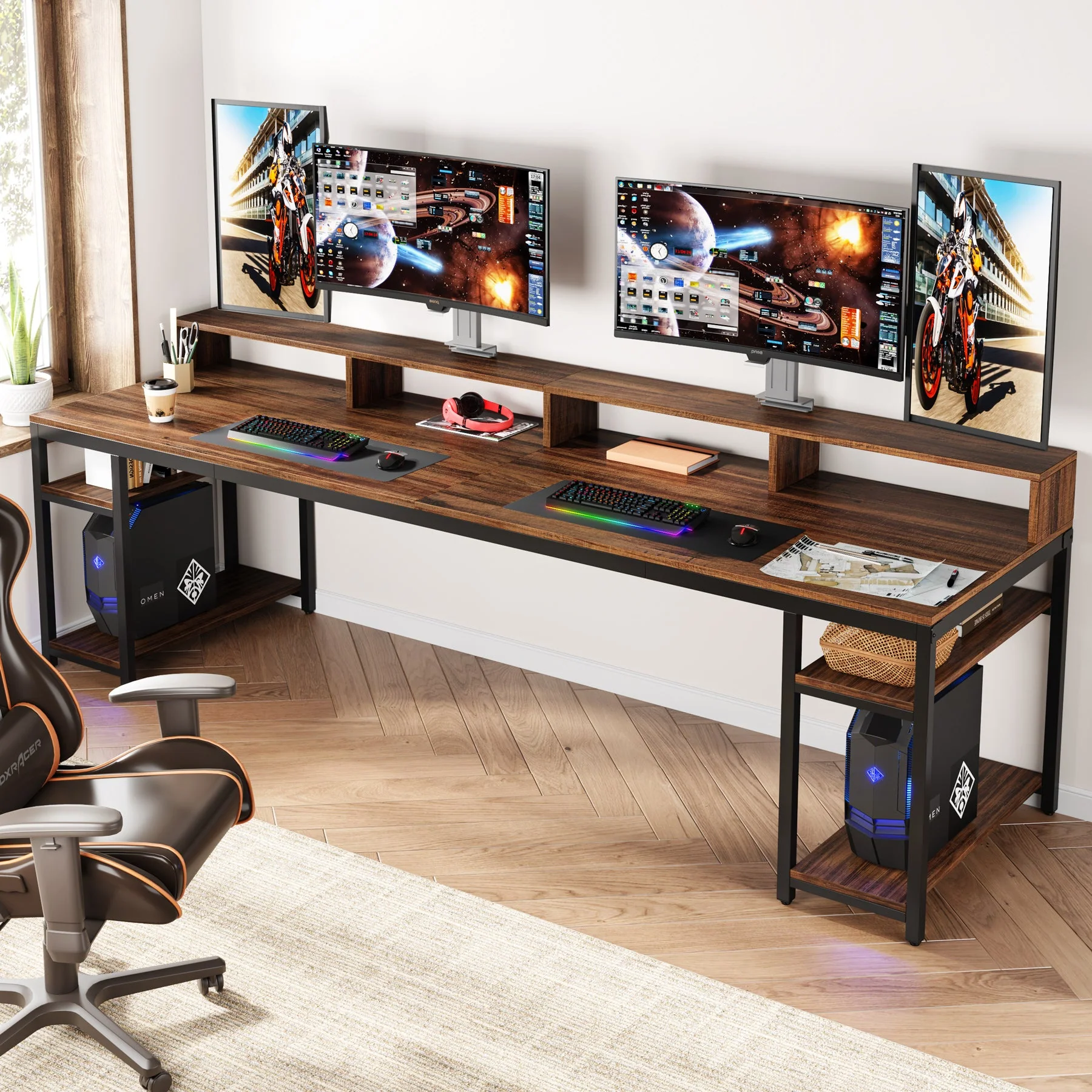 Two Person Desk, 78.7" Computer Desk With Monitor Stand and 4 Open Shelf - Image 4