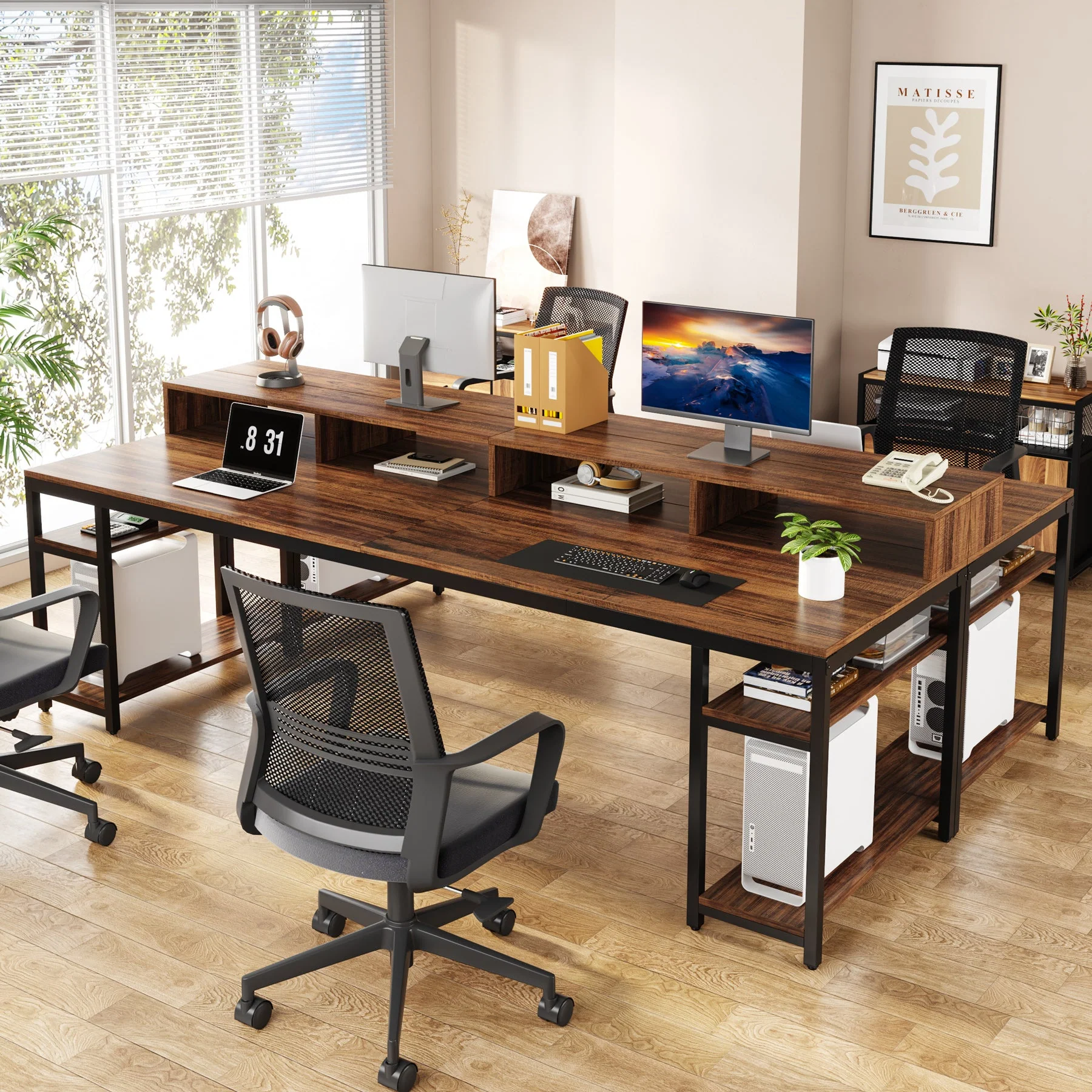 Two Person Desk, 78.7" Computer Desk With Monitor Stand and 4 Open Shelf - Image 5