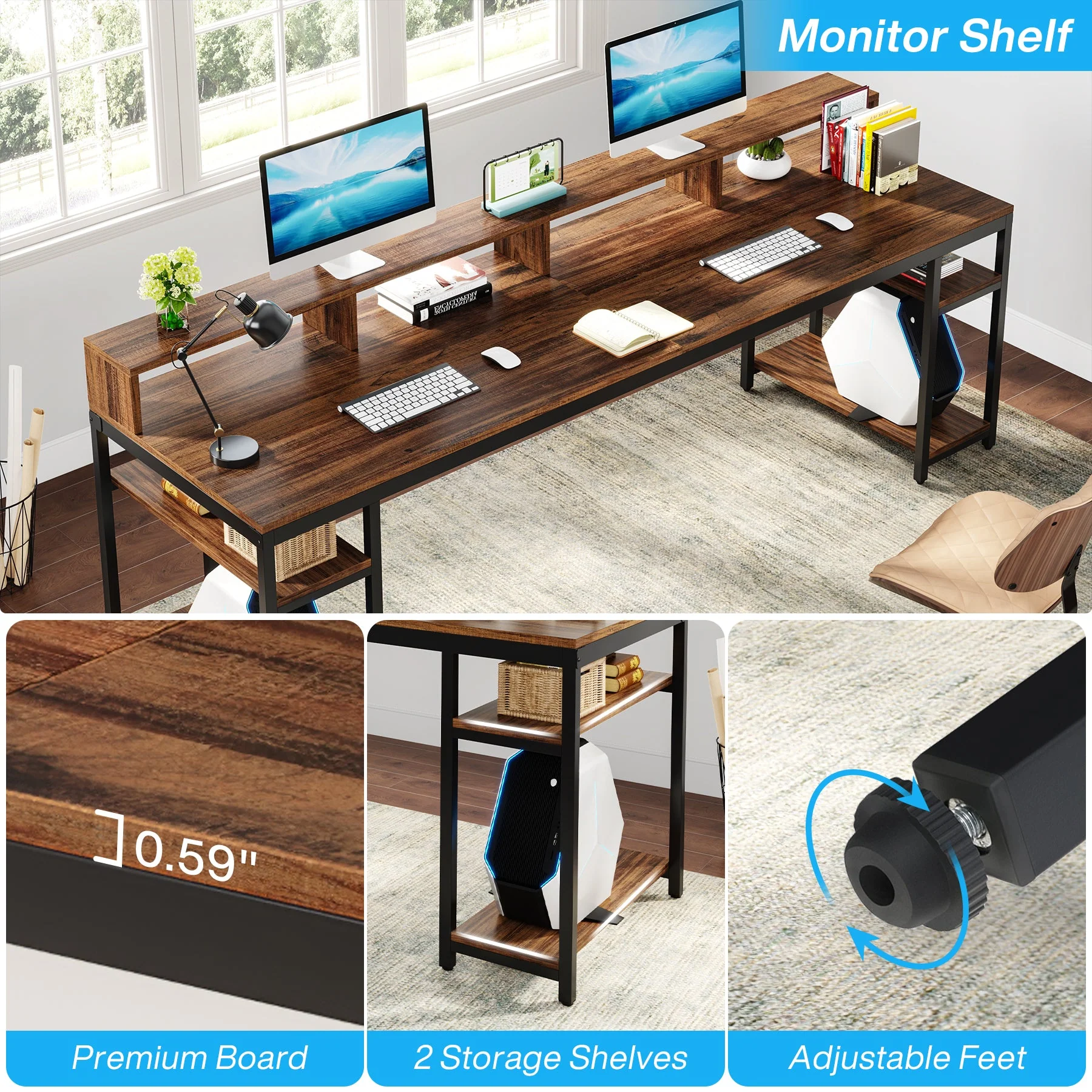 Two Person Desk, 78.7" Computer Desk With Monitor Stand and 4 Open Shelf - Image 6