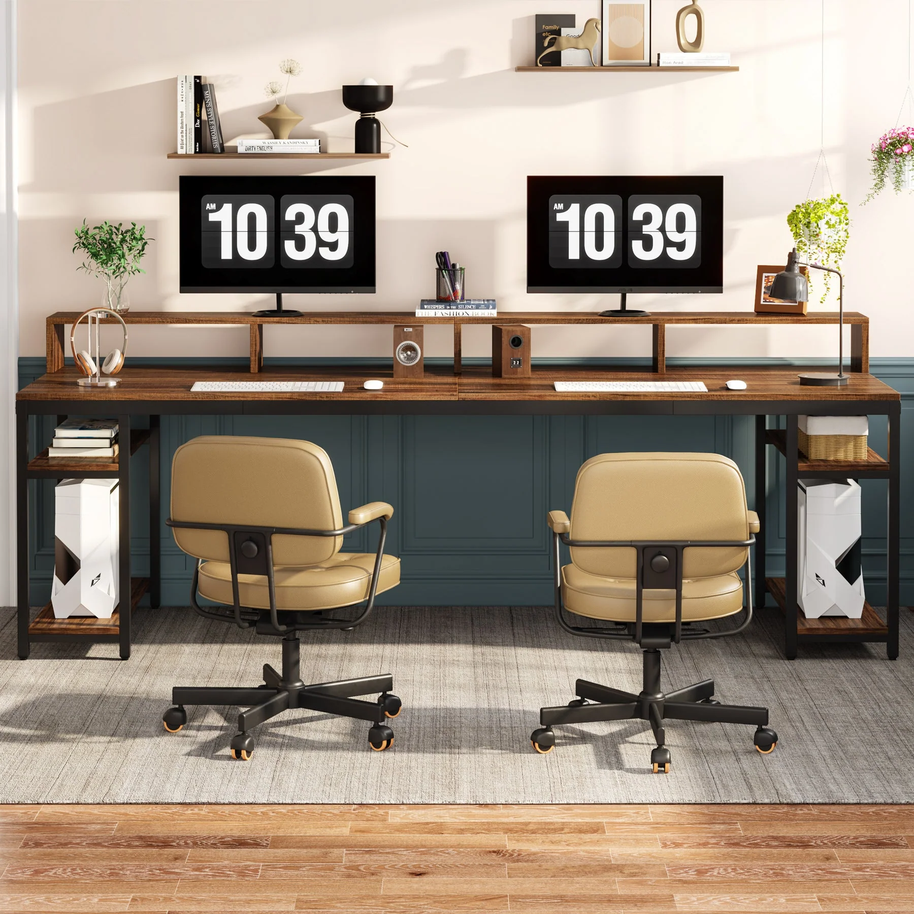 Two Person Desk, 78.7" Computer Desk With Monitor Stand and 4 Open Shelf - Image 7