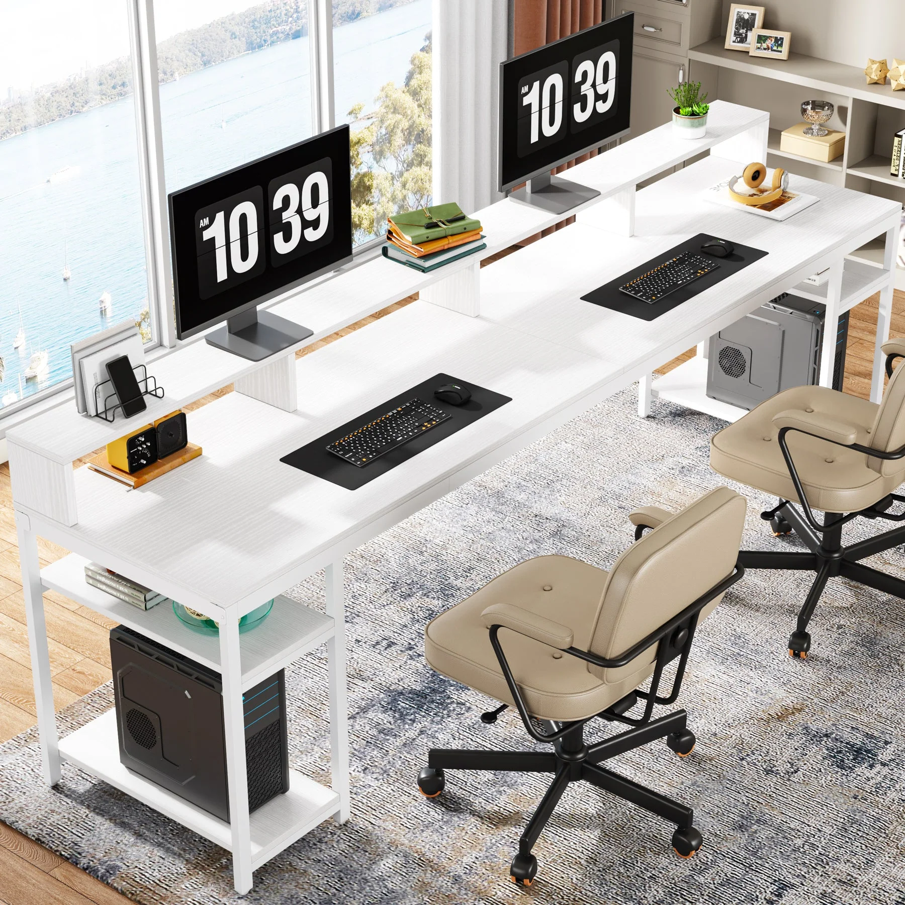 Two Person Desk, 78.7" Computer Desk With Monitor Stand and 4 Open Shelf - Image 8