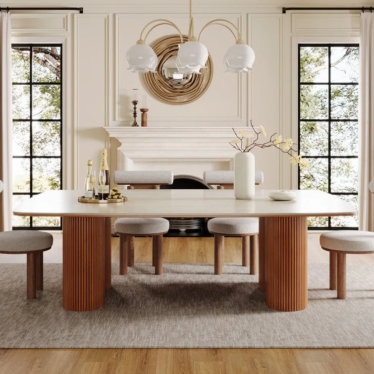 78.74" Beige Travertine Sintered Stone Dining Table With Wooden Legs - Image 3