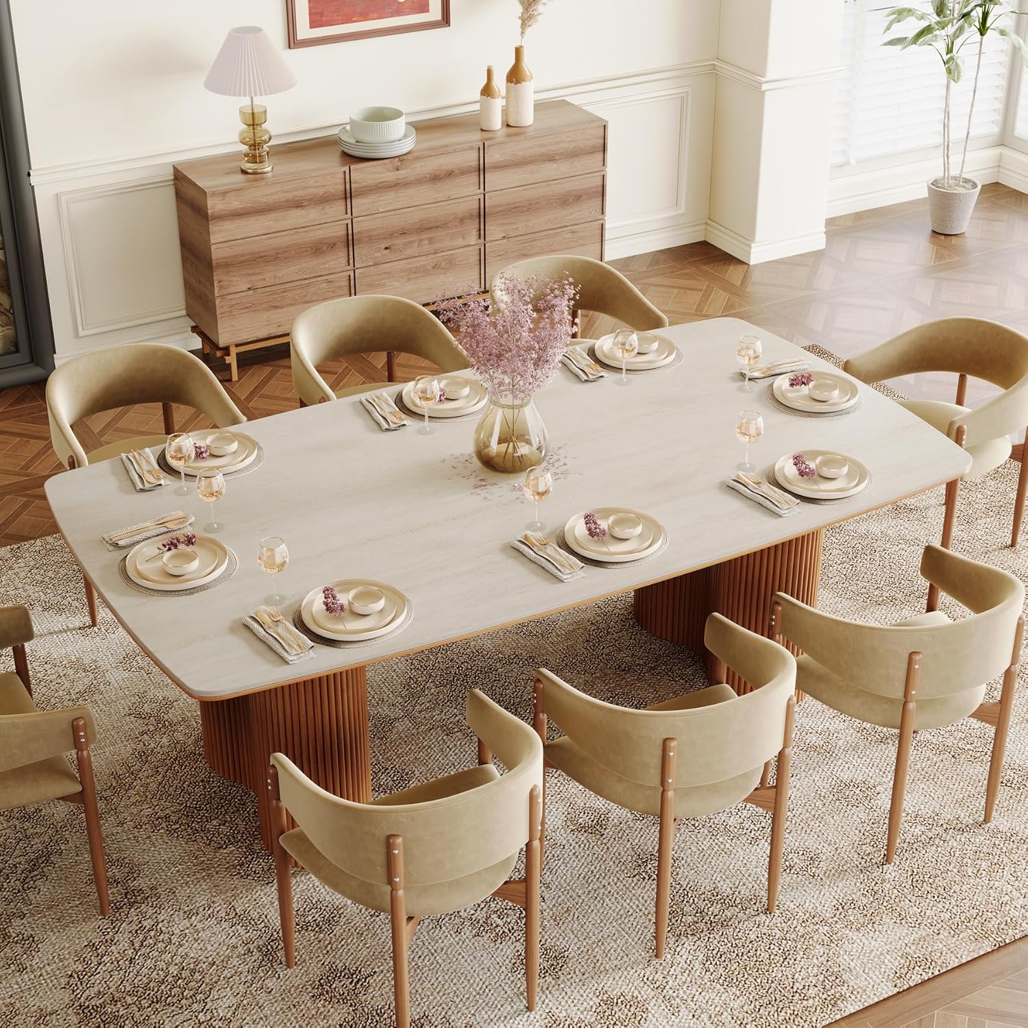 78.74" Beige Travertine Sintered Stone Dining Table With Wooden Legs - Image 4