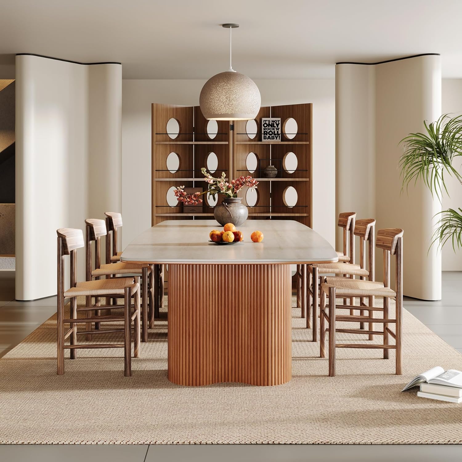 78.74" Beige Travertine Sintered Stone Dining Table With Wooden Legs - Image 5