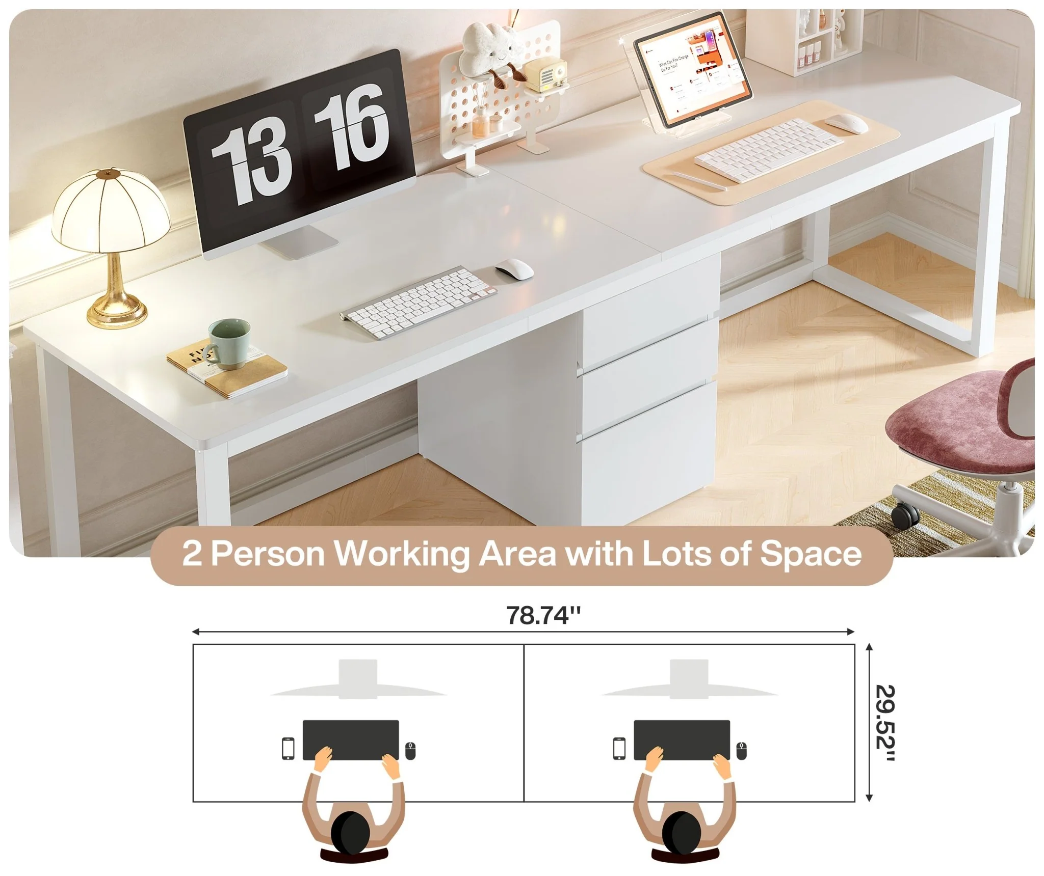 78.7" Two Person Desk, Modern Double Computer Office Desk with 3 Drawers - Image 7