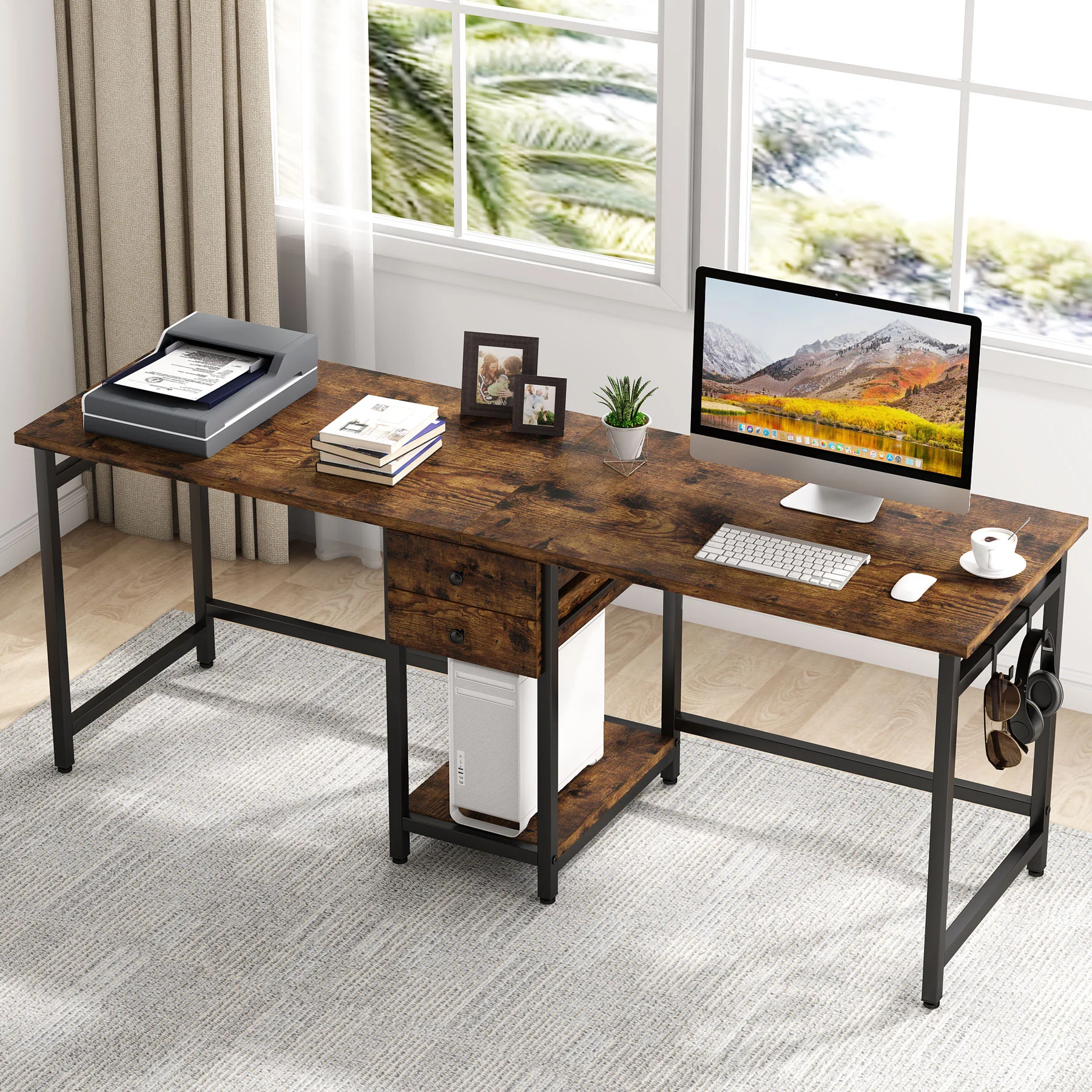 Industrial Two Person Desk, 78" Double Computer Desk with Drawers - Image 12