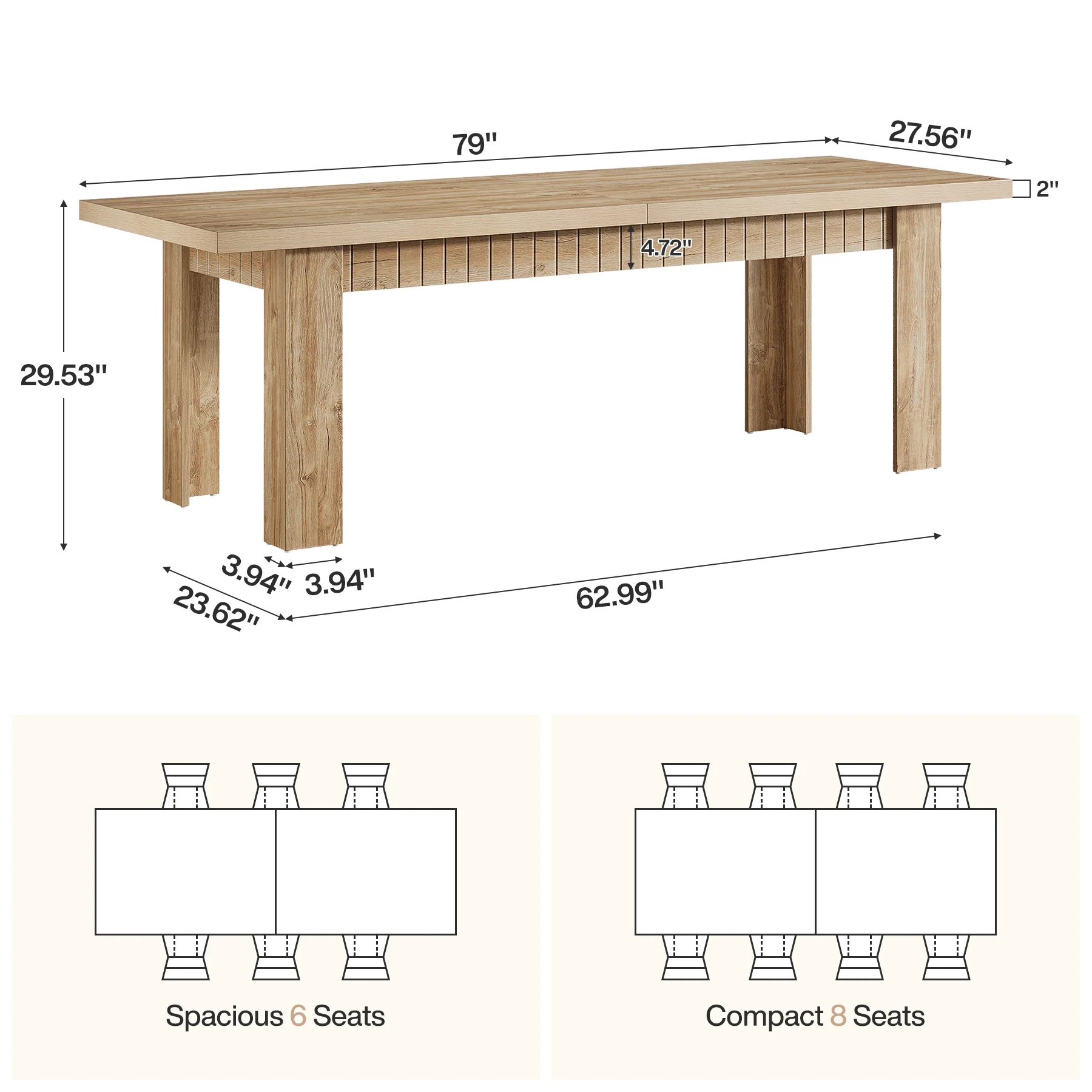 79" Dining Table for 6-8 People, Rectangular Kitchen Table for Dining Room - Image 2