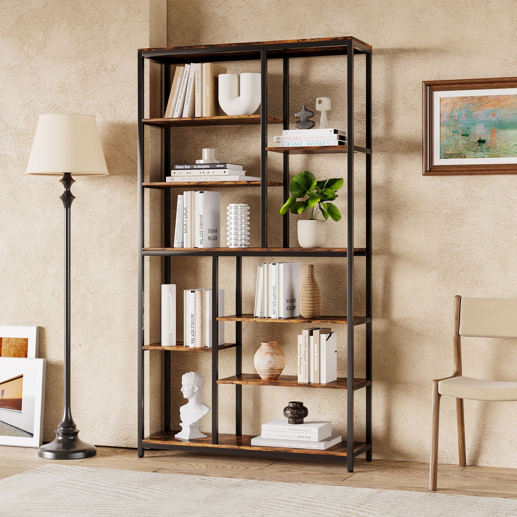 79" Tall Bookshelf, 8-Tier Staggered Etagere Bookcase Shelving Unit