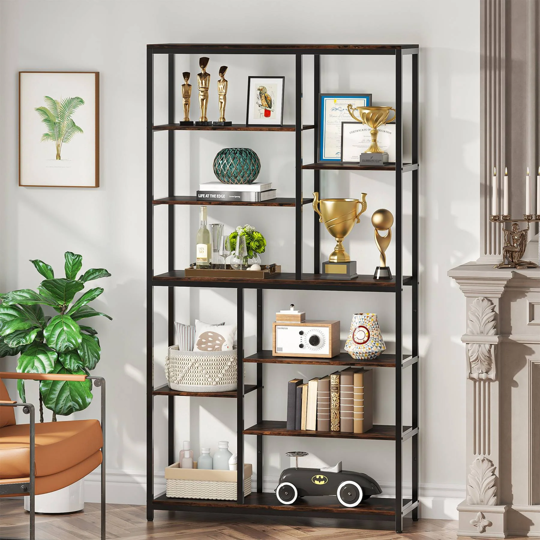 79" Tall Bookshelf, 8-Tier Staggered Etagere Bookcase Shelving Unit - Image 4