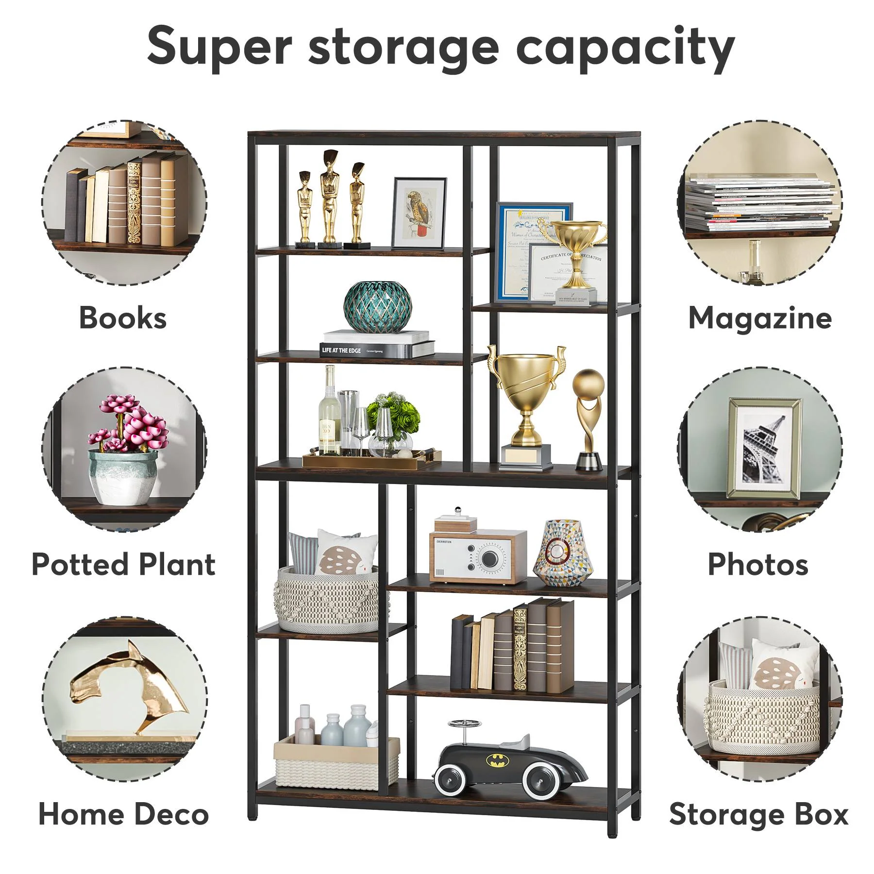79" Tall Bookshelf, 8-Tier Staggered Etagere Bookcase Shelving Unit - Image 5