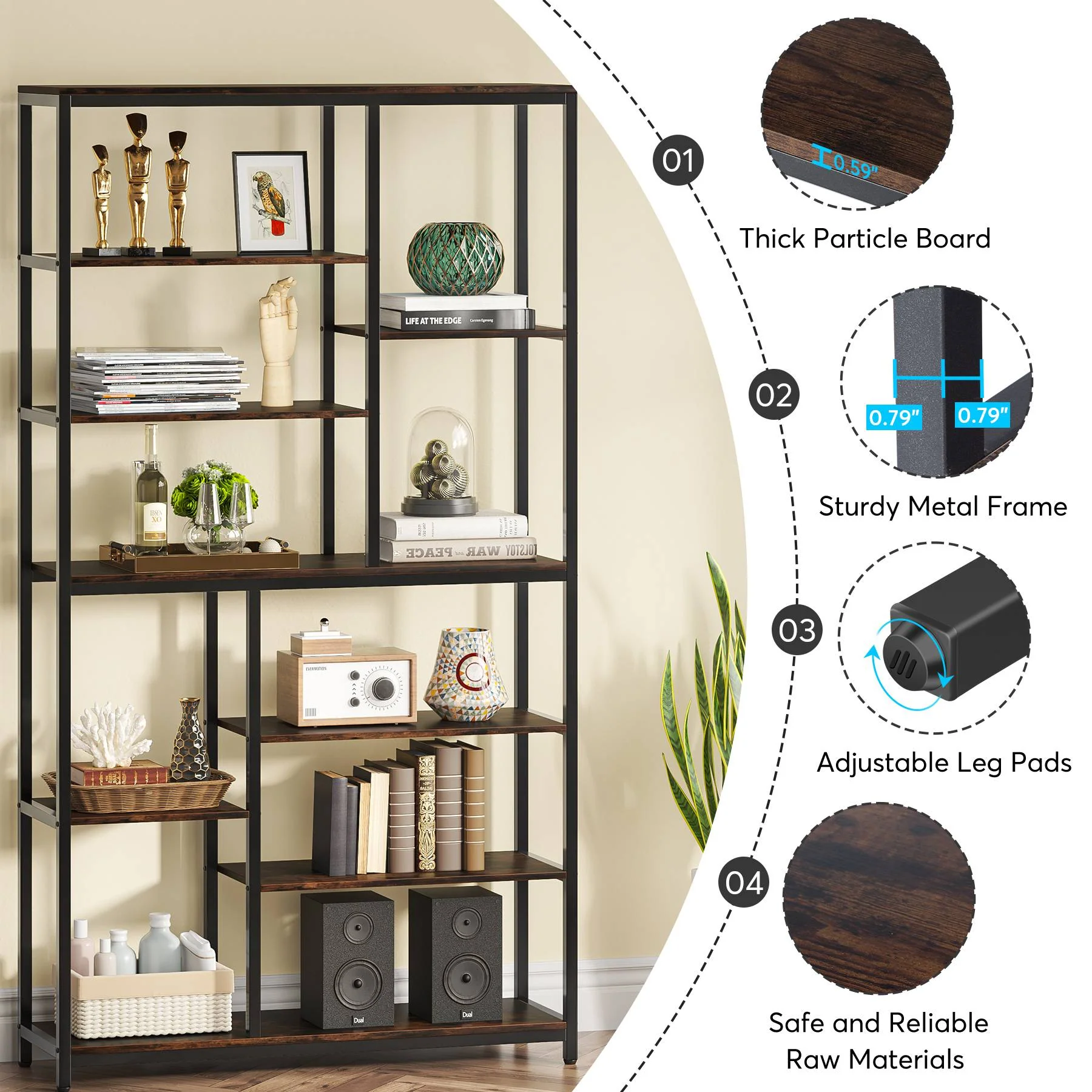 79" Tall Bookshelf, 8-Tier Staggered Etagere Bookcase Shelving Unit - Image 6
