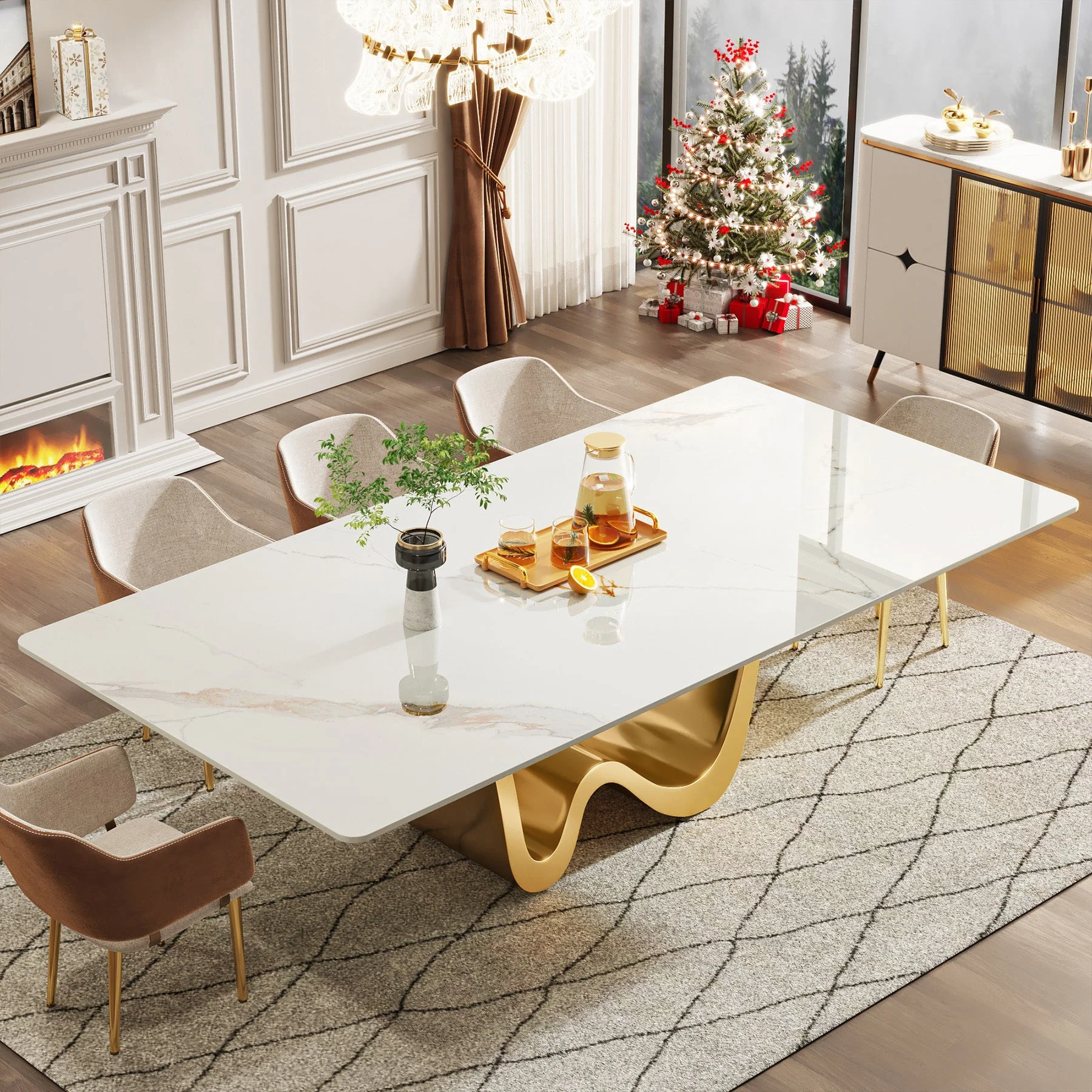 79" Rectangular Sintered Stone Dining Table for 8, White & Gold Stainless Steel Pedestal - Image 3