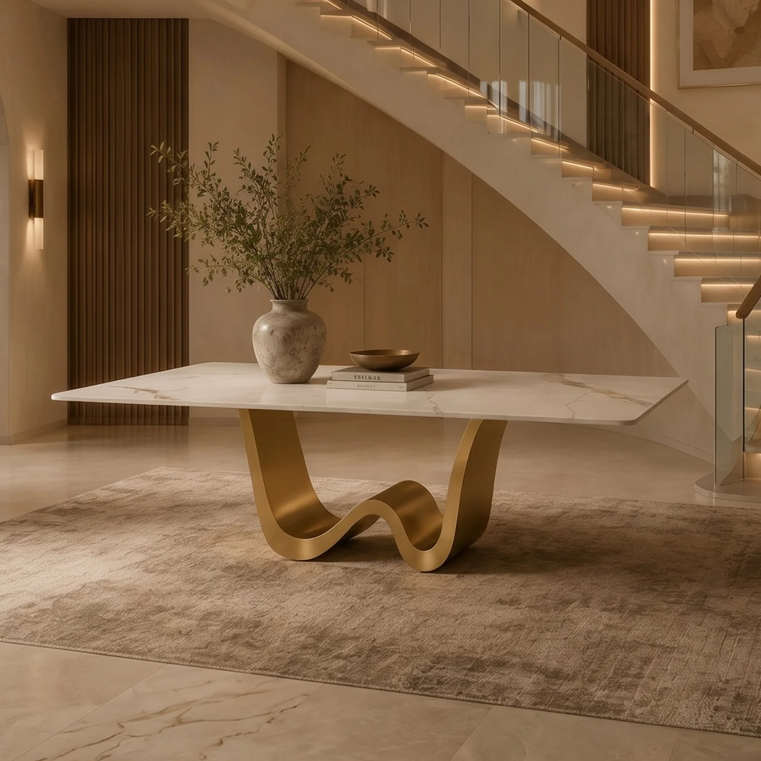 79" Rectangular Sintered Stone Dining Table for 8, White & Gold Stainless Steel Pedestal - Image 4