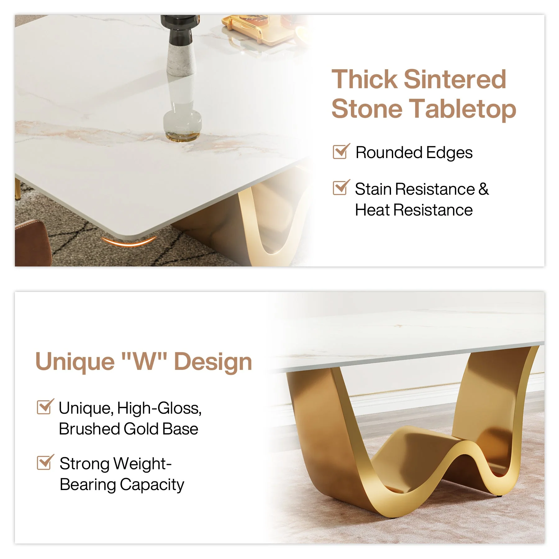 79" Rectangular Sintered Stone Dining Table for 8, White & Gold Stainless Steel Pedestal - Image 5