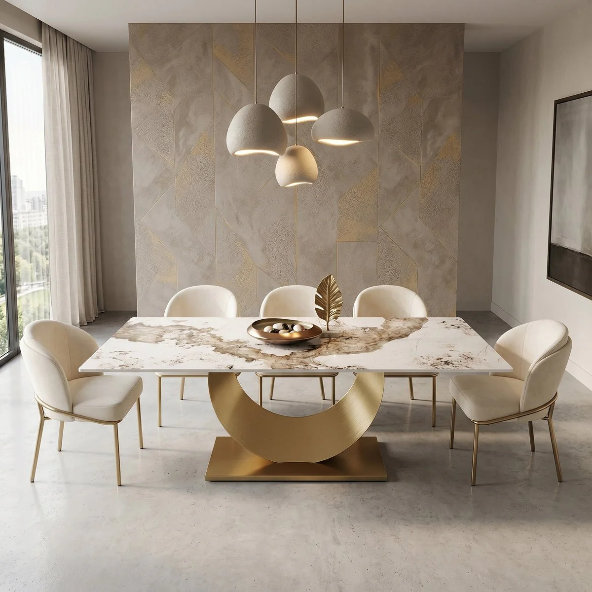 78.74" Glossy Pandora Rectangular Sintered Stone Dining Table for 8-10 with Gold Base - Image 3