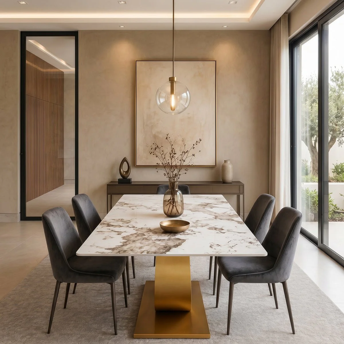 78.74" Glossy Pandora Rectangular Sintered Stone Dining Table for 8-10 with Gold Base - Image 4