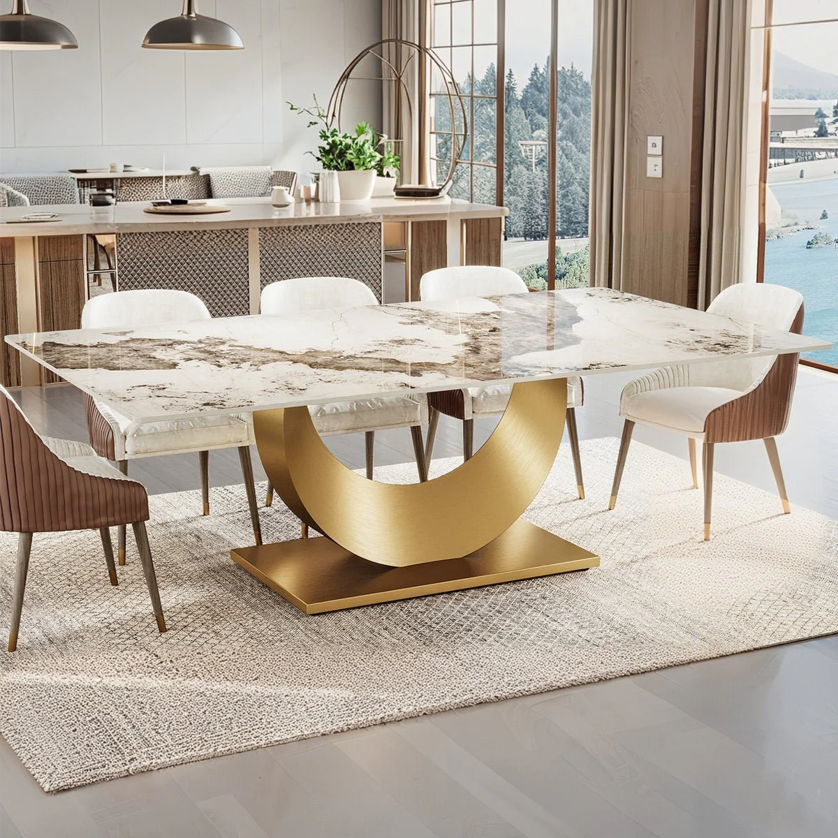 78.74" Glossy Pandora Rectangular Sintered Stone Dining Table for 8-10 with Gold Base - Image 5