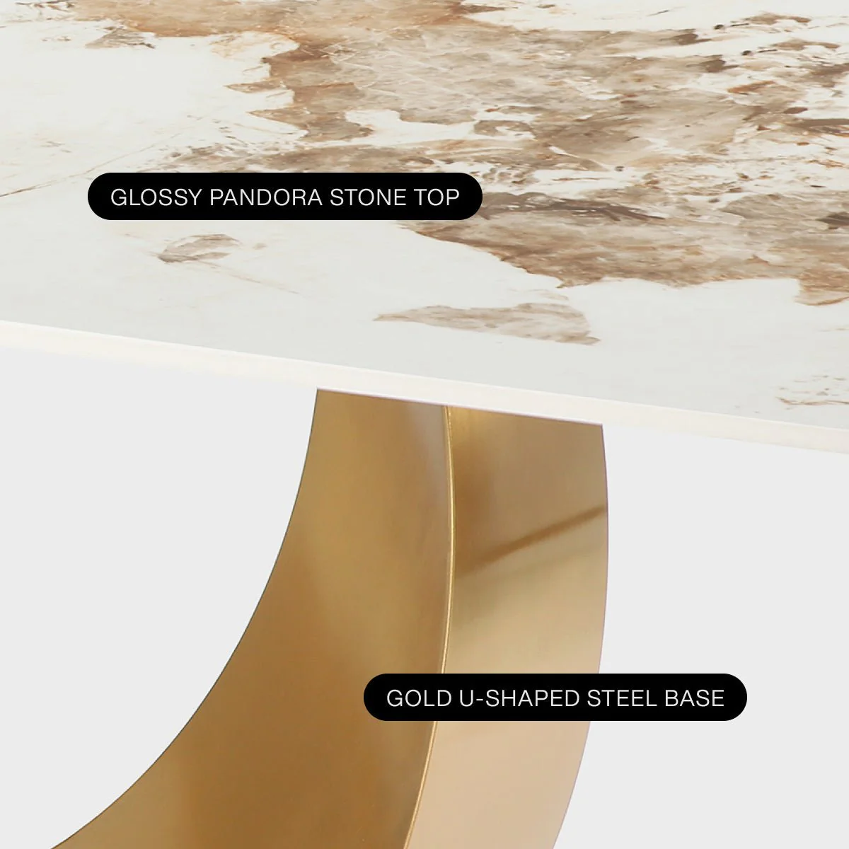 78.74" Glossy Pandora Rectangular Sintered Stone Dining Table for 8-10 with Gold Base - Image 6