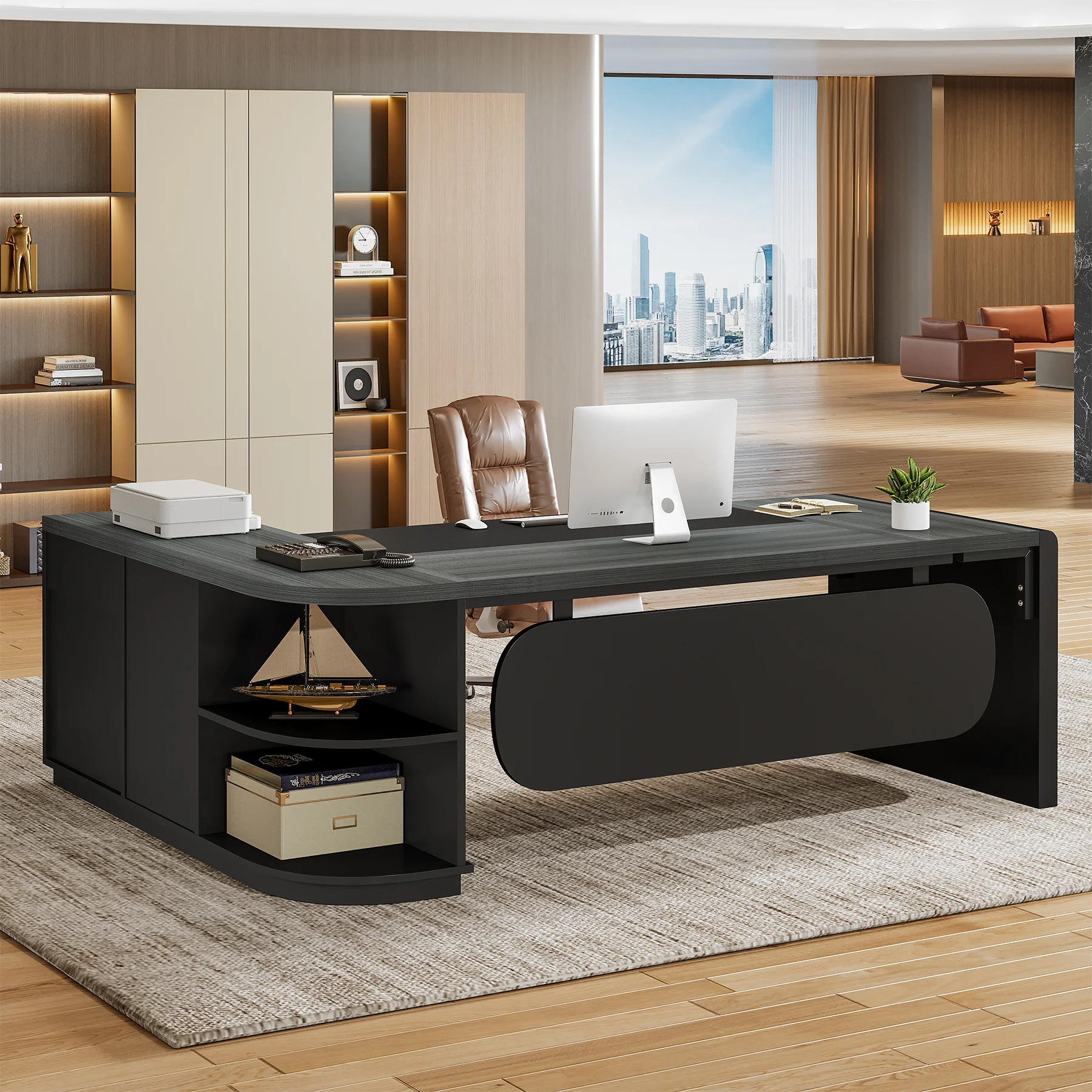 80" Executive Desk, L-Shaped Computer Desk with Storage Drawers - Image 11