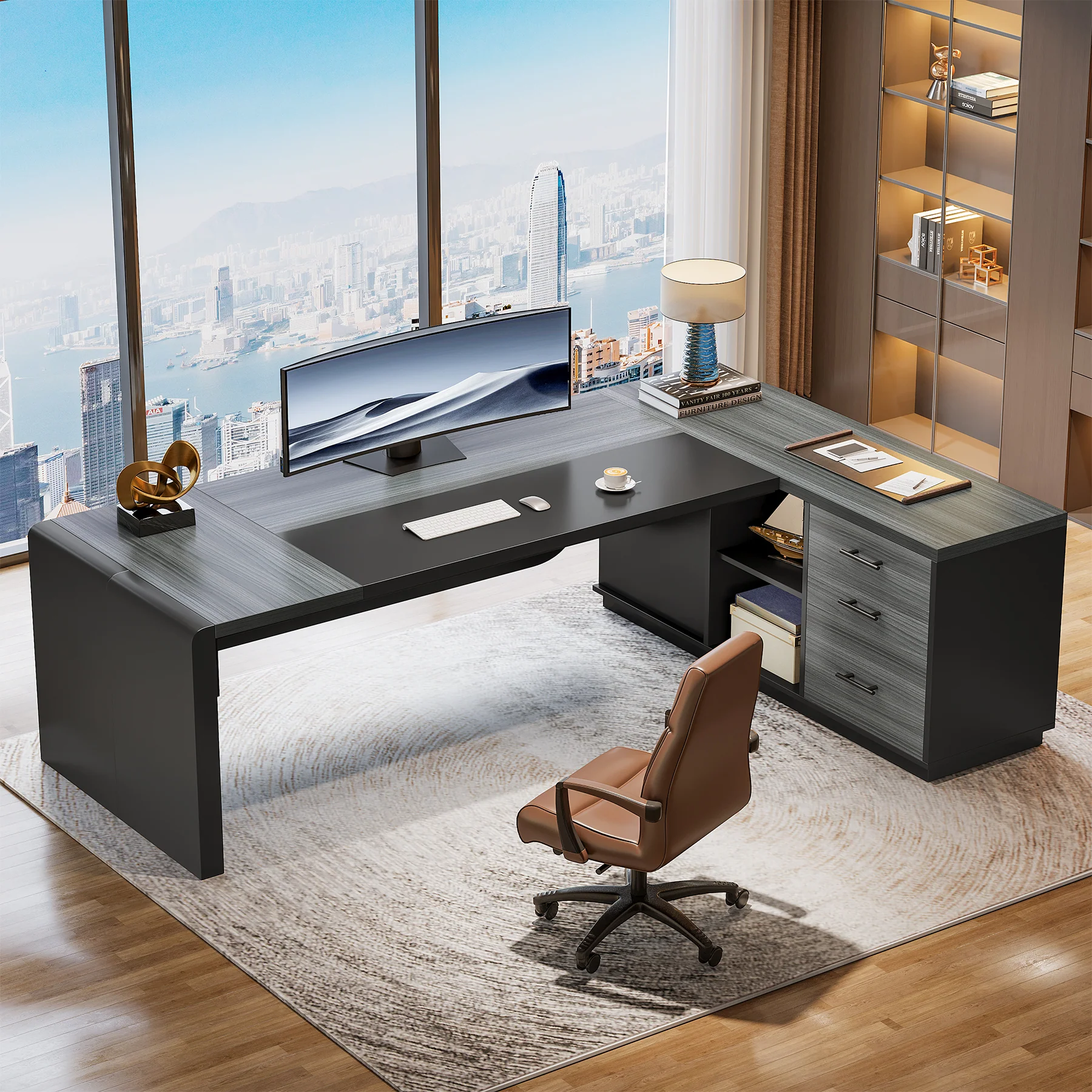 80" Executive Desk, L-Shaped Computer Desk with Storage Drawers - Image 12